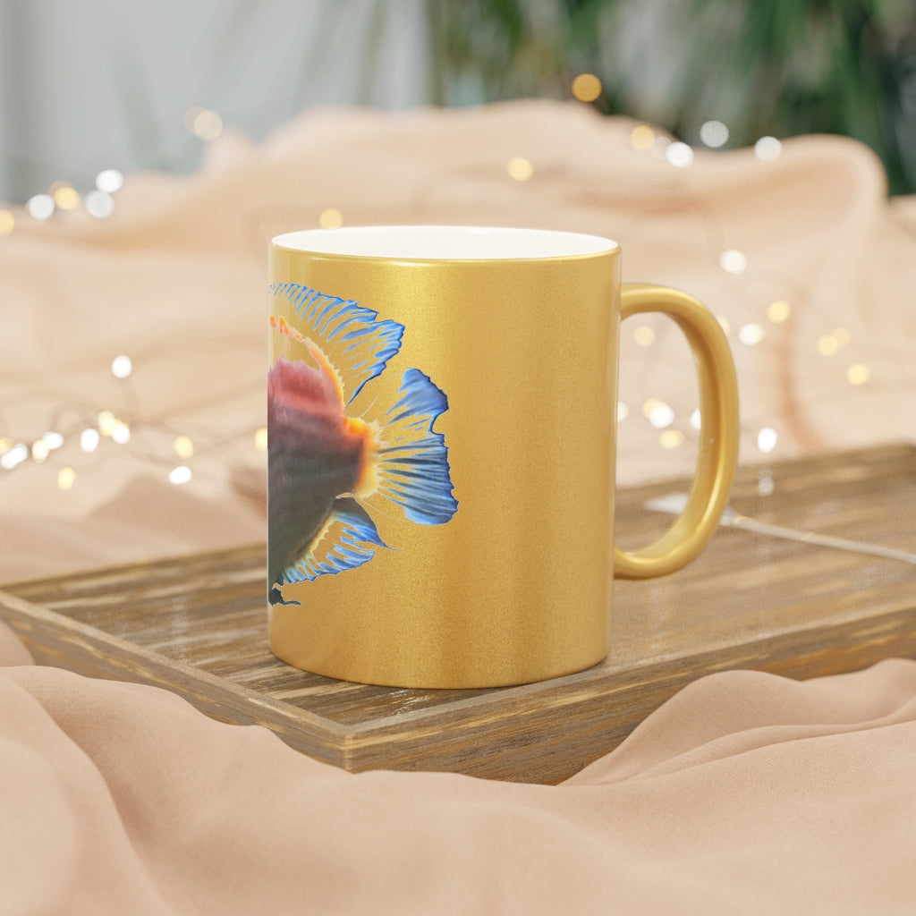 Orange Fish Metallic Mug with Gold and Silver finishes, showcasing a customizable design on a ceramic body.