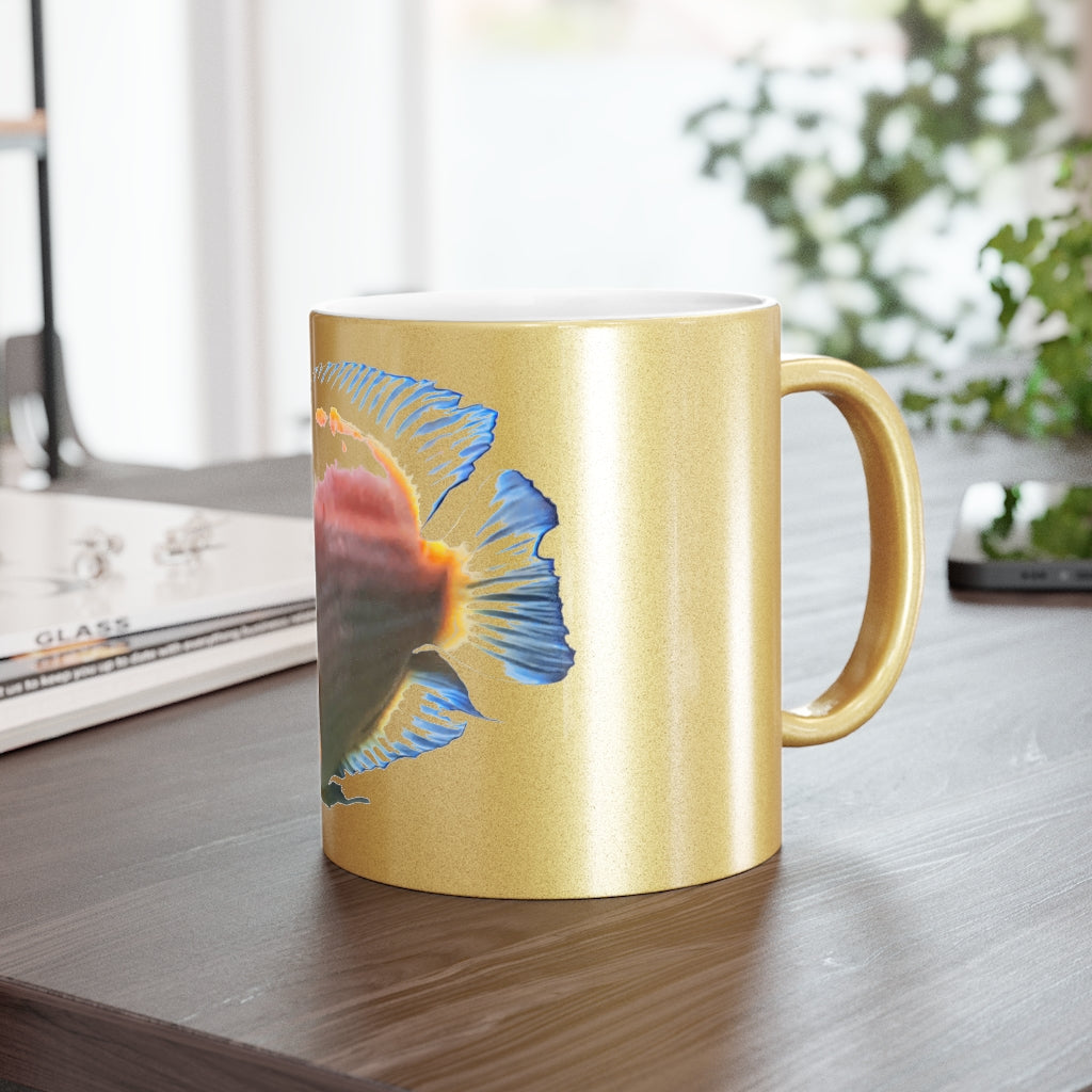 Orange Fish Metallic Mug with Gold and Silver finishes, showcasing a customizable design on a ceramic body.