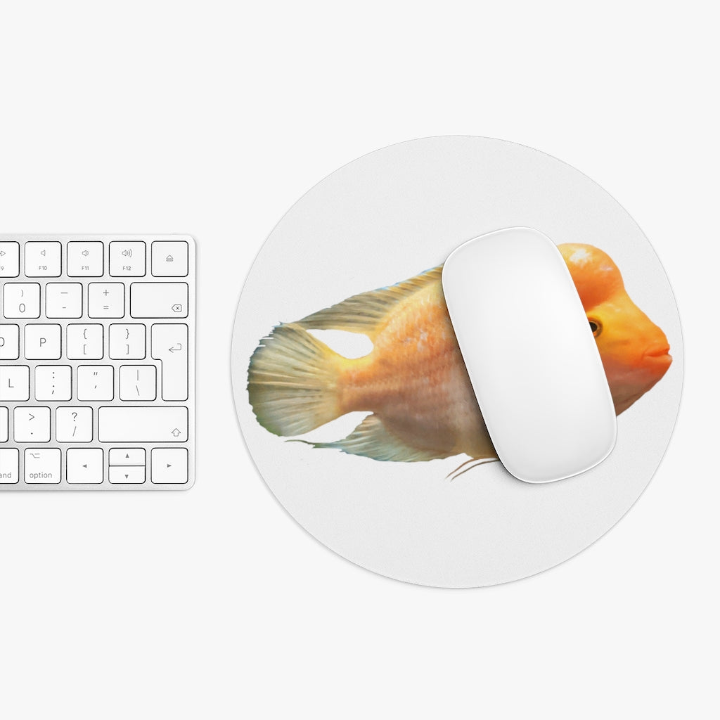 Orange Fish Mouse Pad featuring a vibrant fish design, available in round and rectangular shapes, with a non-slip rubber bottom.