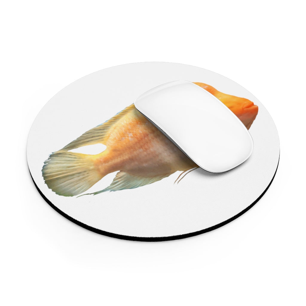 Orange Fish Mouse Pad featuring a vibrant fish design, available in round and rectangular shapes, with a non-slip rubber bottom.