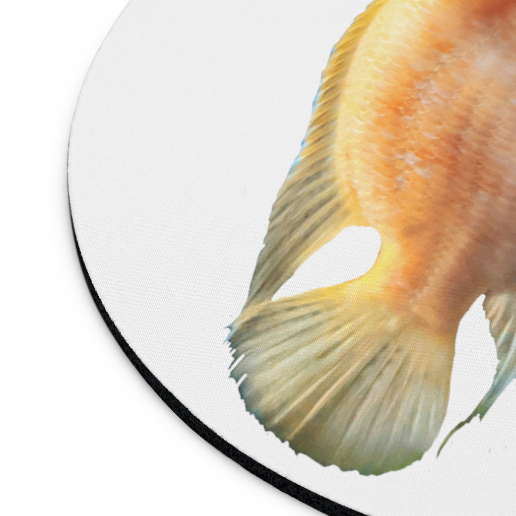 Orange Fish Mouse Pad featuring a vibrant fish design, available in round and rectangular shapes, with a non-slip rubber bottom.