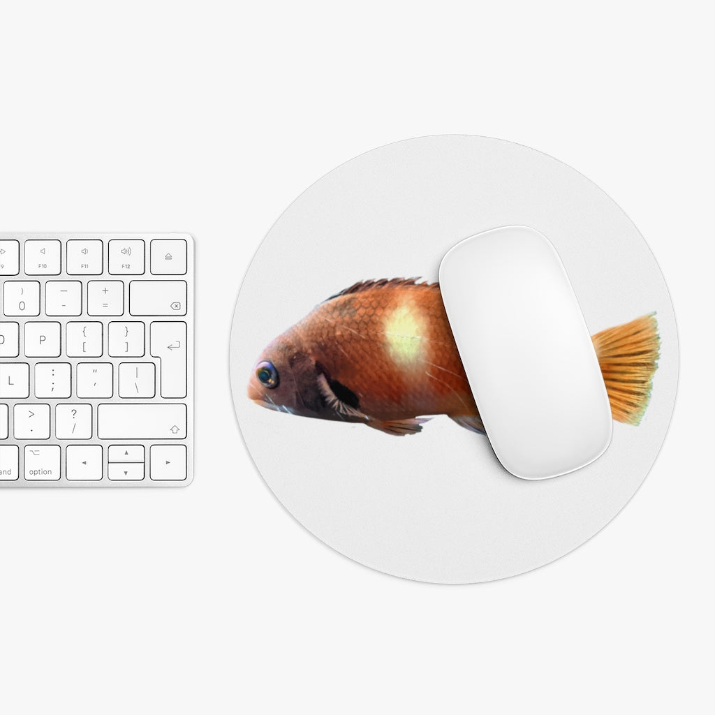 A vibrant orange fish mouse pad featuring a unique design, available in round and rectangular shapes, with a non-slip rubber bottom.