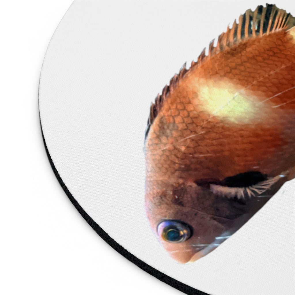 A vibrant orange fish mouse pad featuring a unique design, available in round and rectangular shapes, with a non-slip rubber bottom.