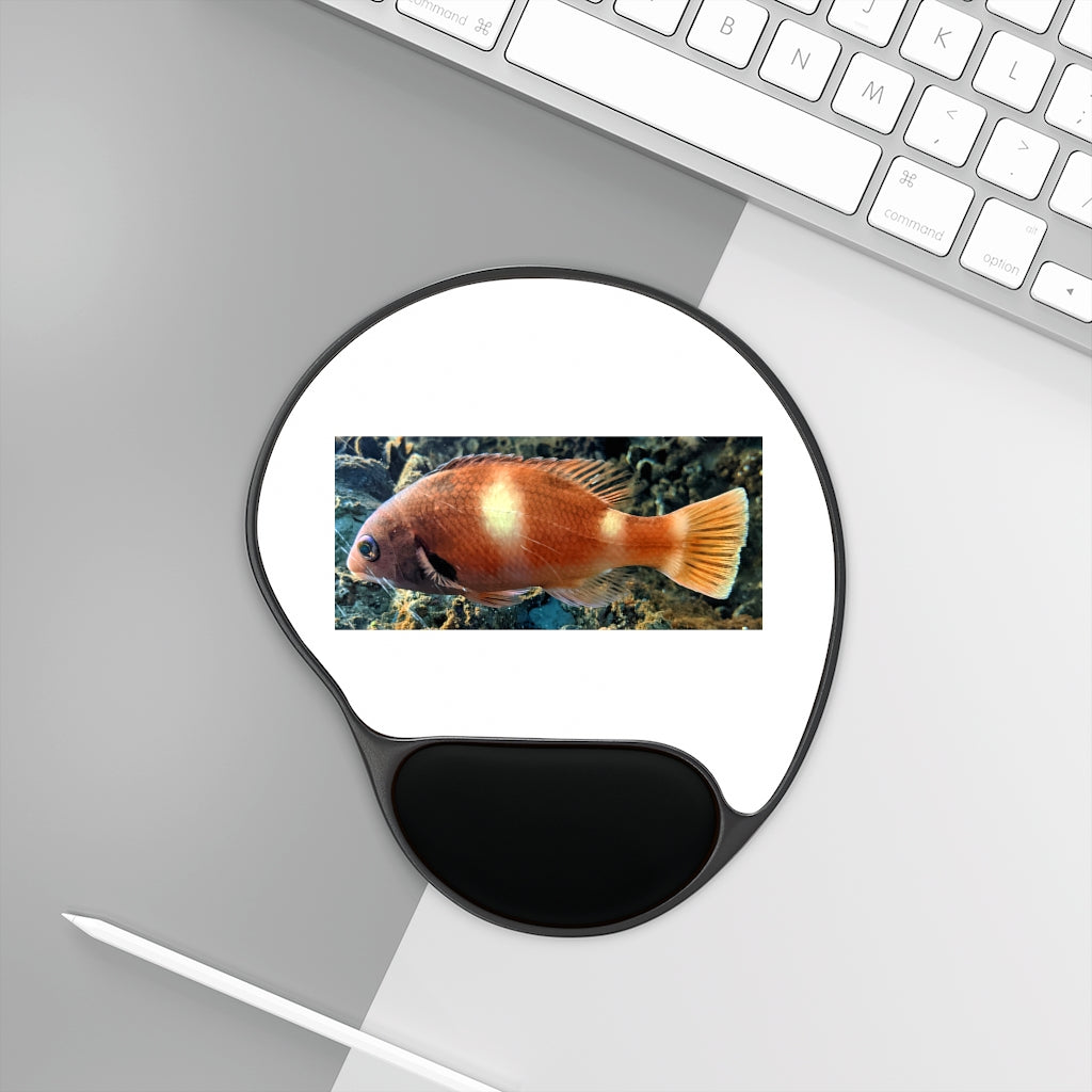 Orange Fish Mouse Pad with ergonomic Memory Foam wrist rest and custom neoprene insert, featuring a foot-shaped black plastic base.