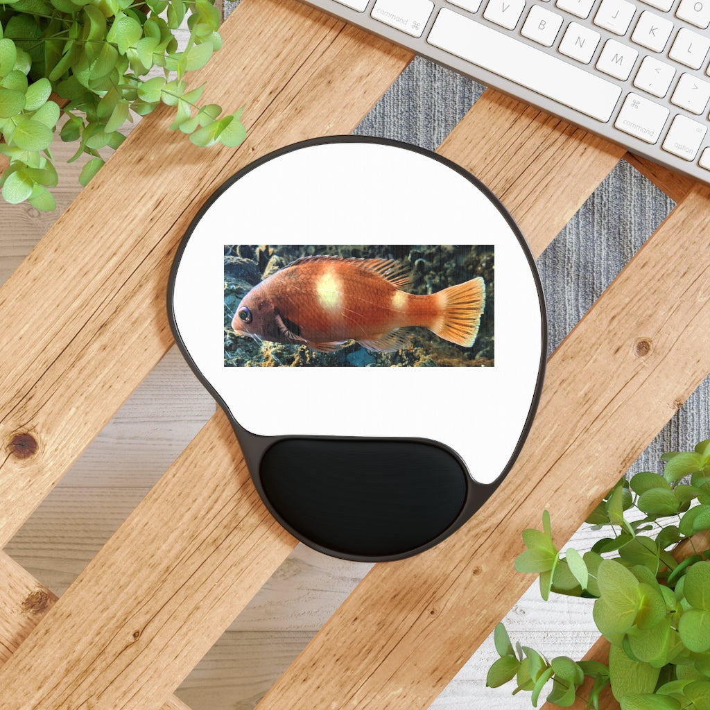 Orange Fish Mouse Pad with ergonomic Memory Foam wrist rest and custom neoprene insert, featuring a foot-shaped black plastic base.