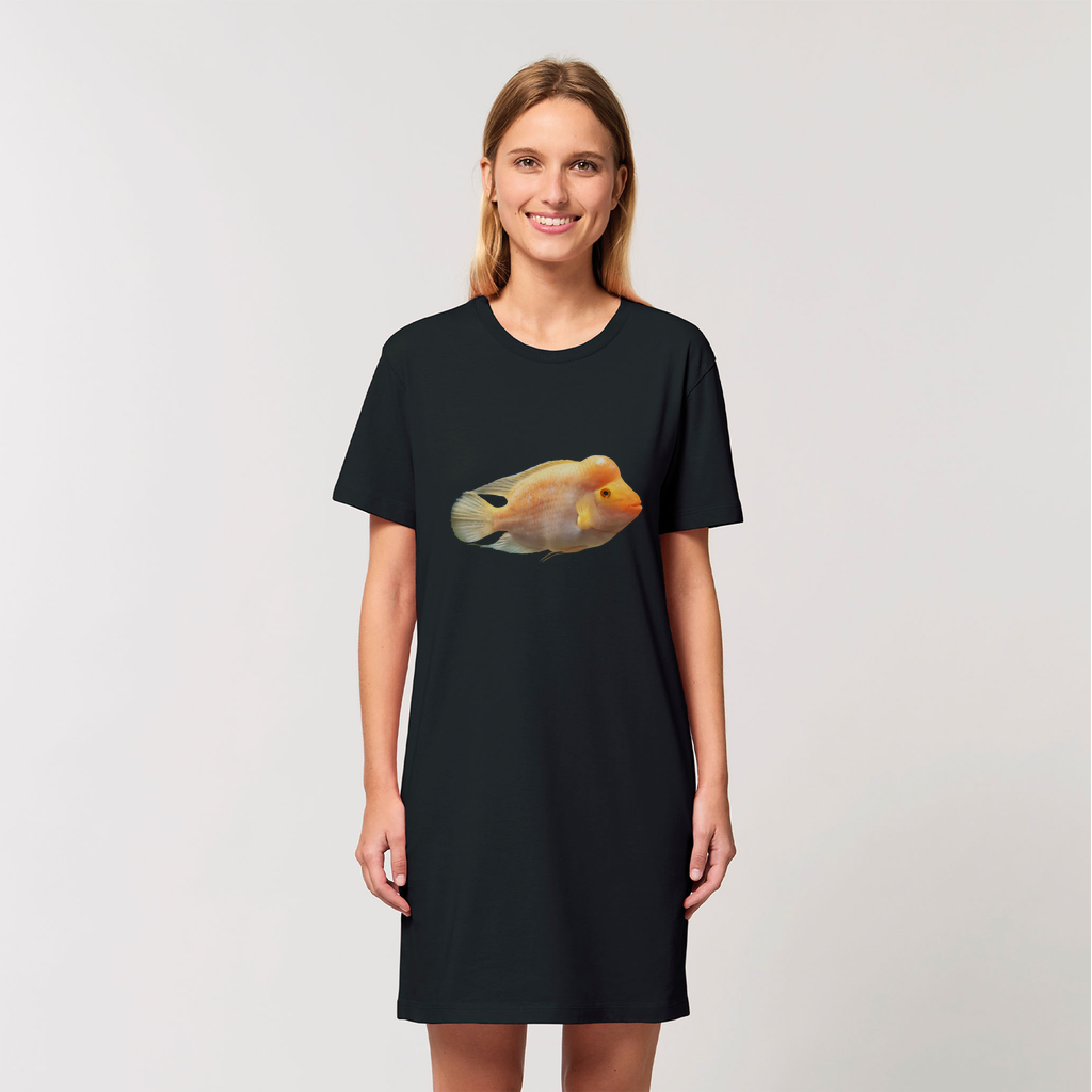 Orange Fish Organic T-Shirt Dress made from 100% organic cotton, featuring a soft-hand feel and stylish design.