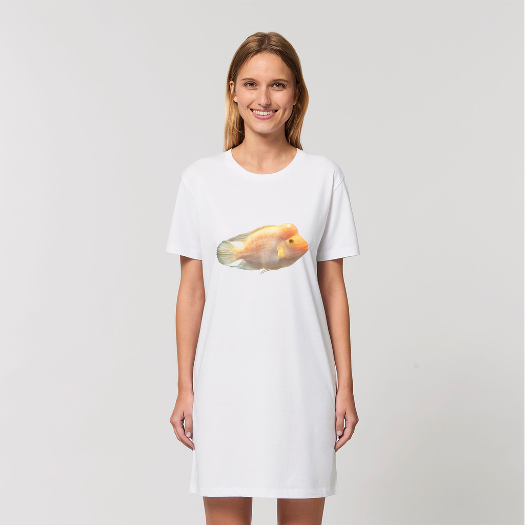 Orange Fish Organic T-Shirt Dress made from 100% organic cotton, featuring a soft-hand feel and stylish design.