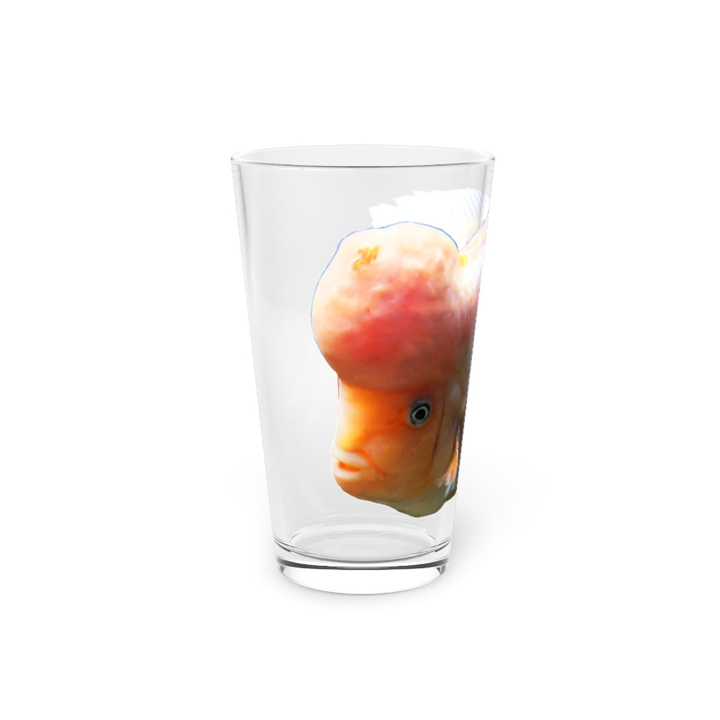 Orange Fish Pint Glass, 16oz, clear glass with custom printed design, perfect for beverages.