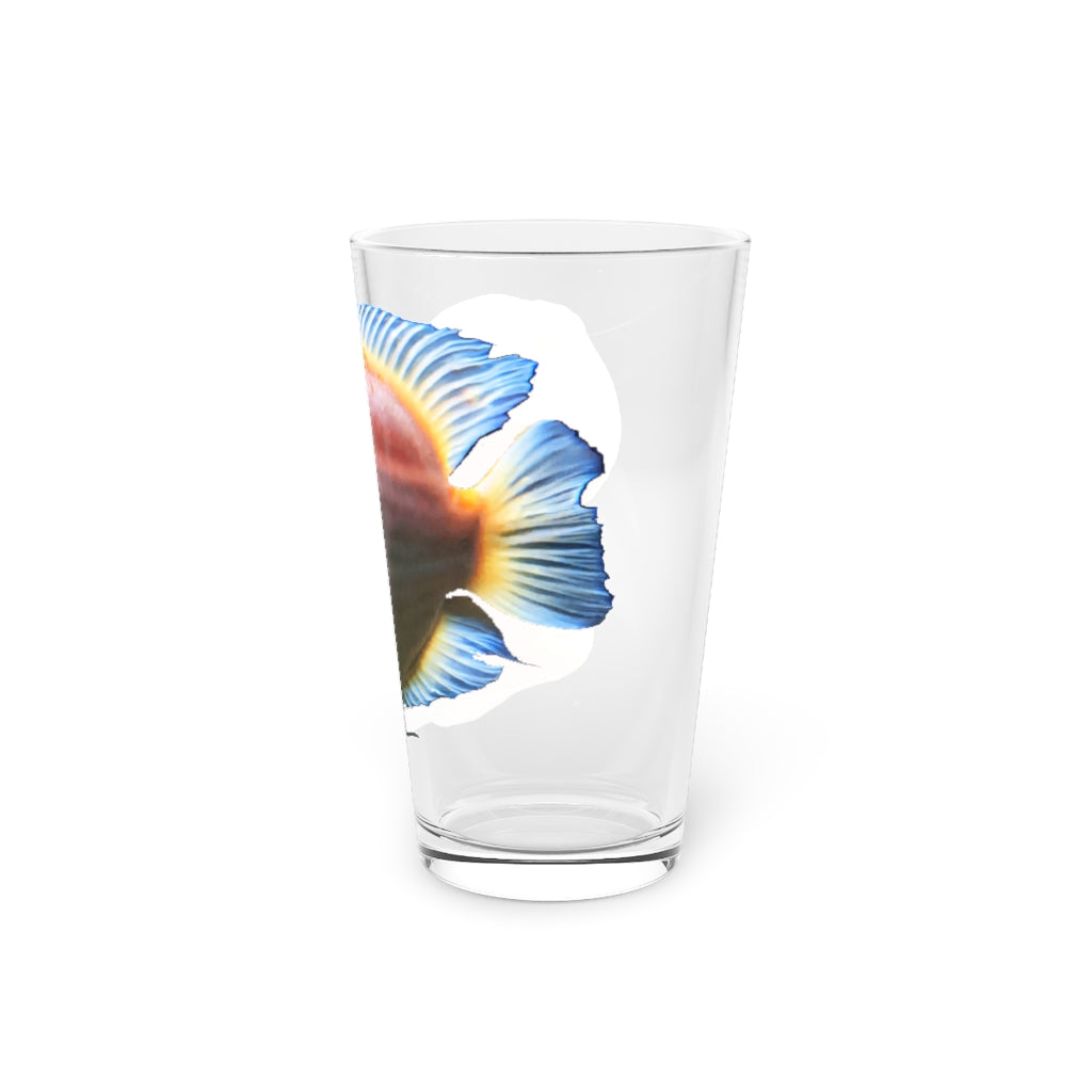 Orange Fish Pint Glass, 16oz, clear glass with custom printed design, perfect for beverages.