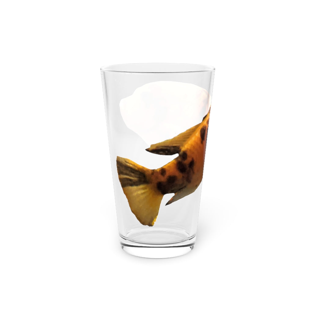 Orange Fish Pint Glass, 16oz, clear glass with custom printed design, perfect for beverages.