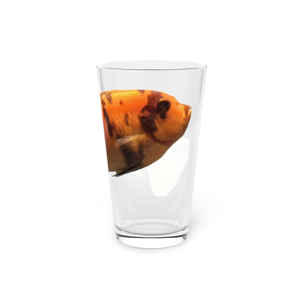 Orange Fish Pint Glass, 16oz, clear glass with custom printed design, perfect for beverages.