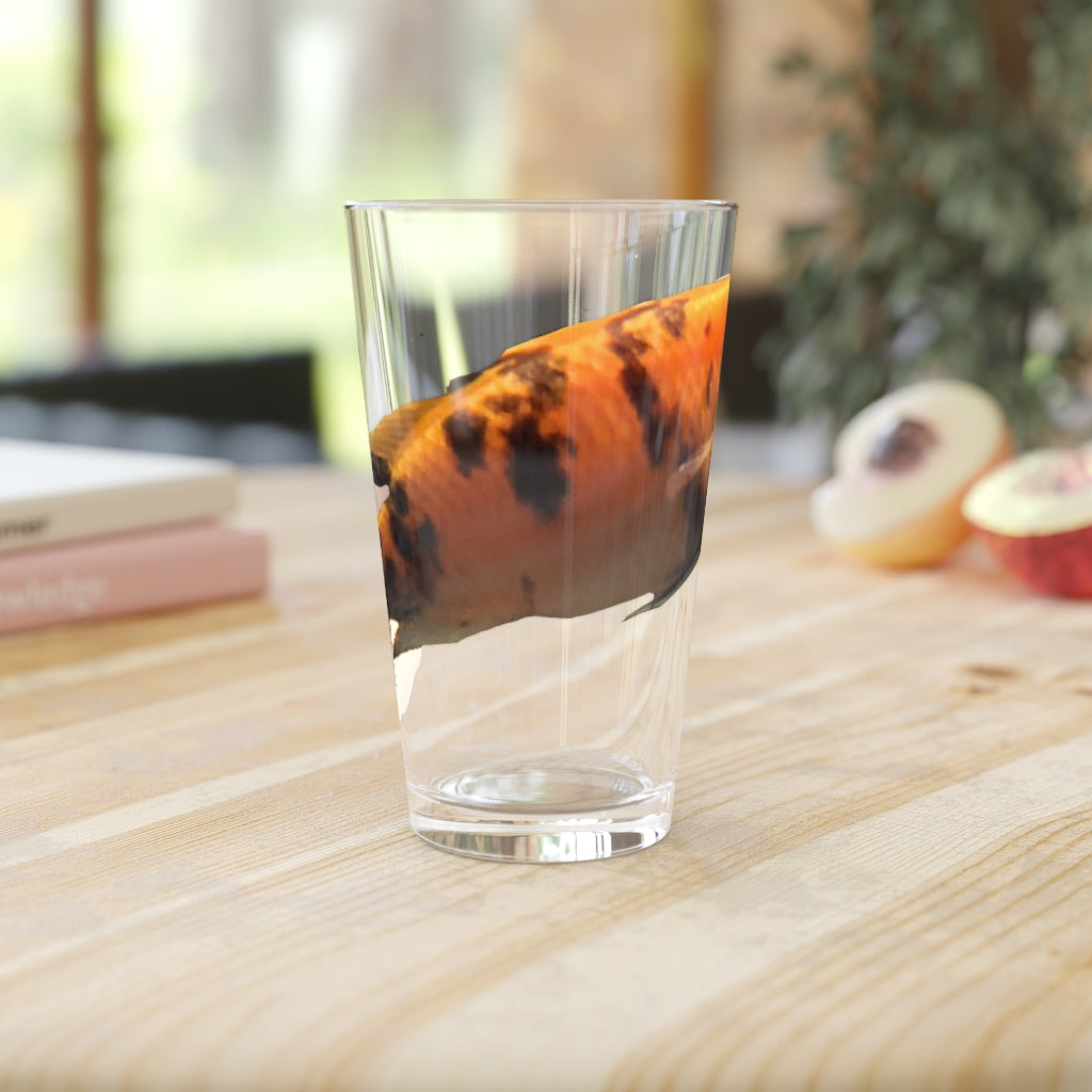 Orange Fish Pint Glass, 16oz, clear glass with custom printed design, perfect for beverages.