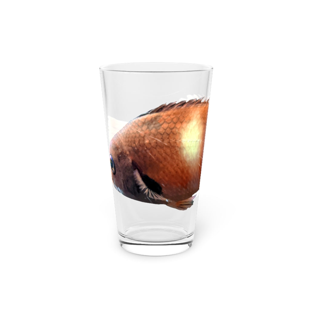 Orange Fish Pint Glass, 16oz, clear glass with custom printed design, perfect for beverages.