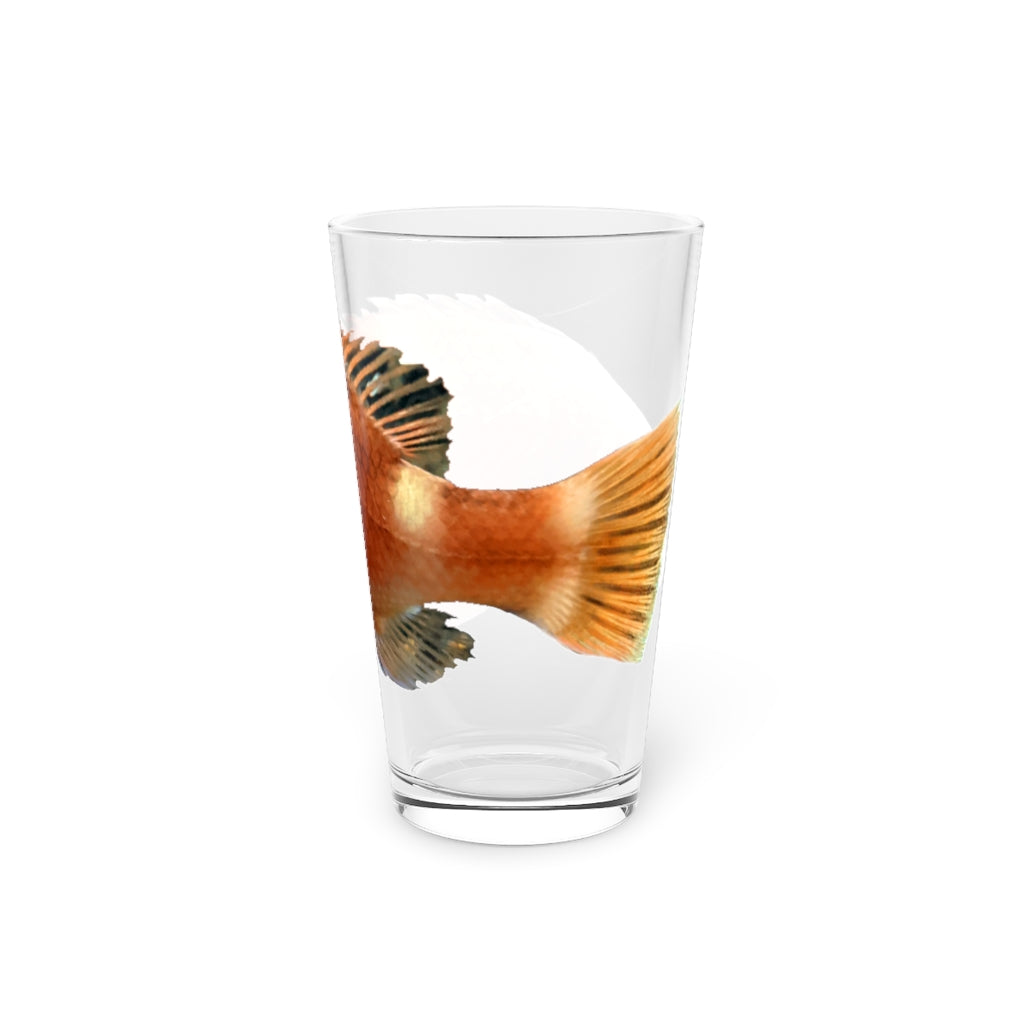 Orange Fish Pint Glass, 16oz, clear glass with custom printed design, perfect for beverages.