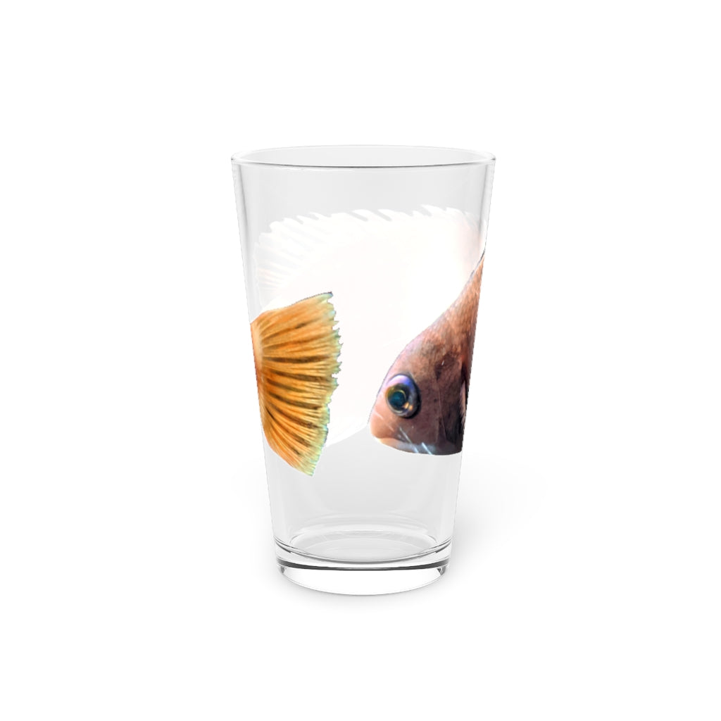 Orange Fish Pint Glass, 16oz, clear glass with custom printed design, perfect for beverages.