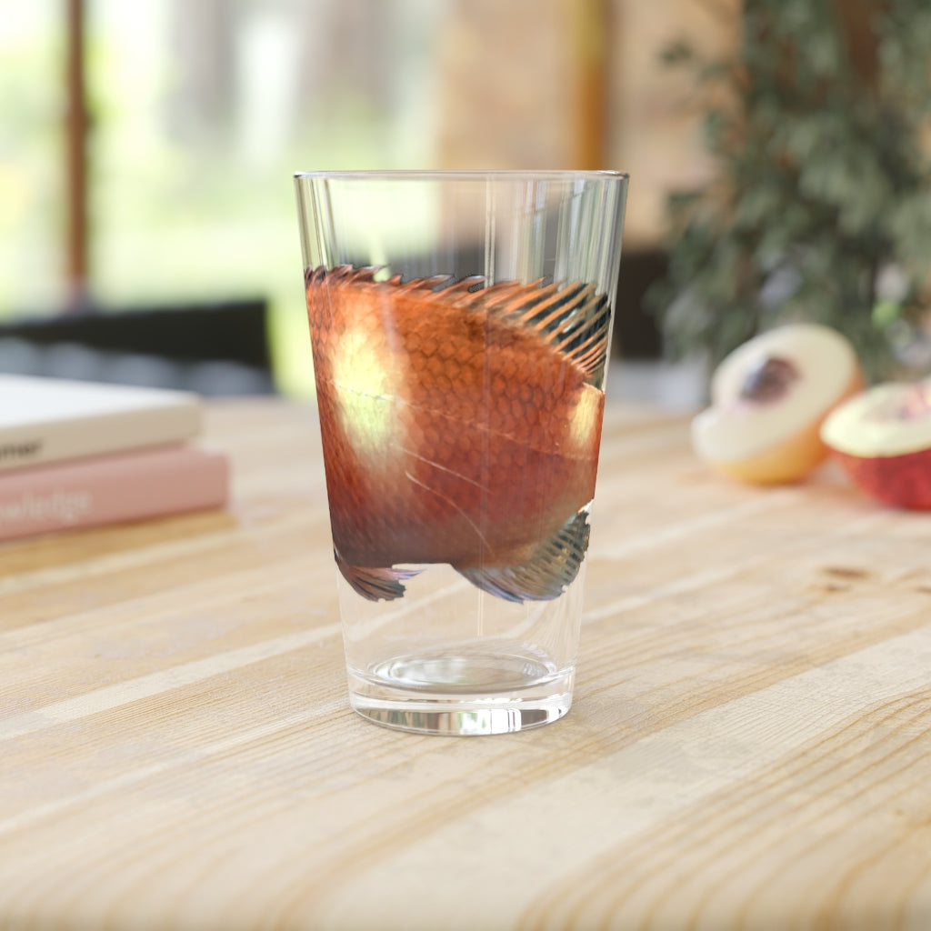 Orange Fish Pint Glass, 16oz, clear glass with custom printed design, perfect for beverages.