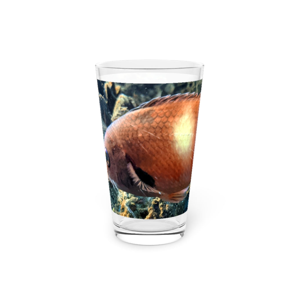 Orange Fish Pint Glass, 16oz, clear glass with custom printed design, perfect for beverages.