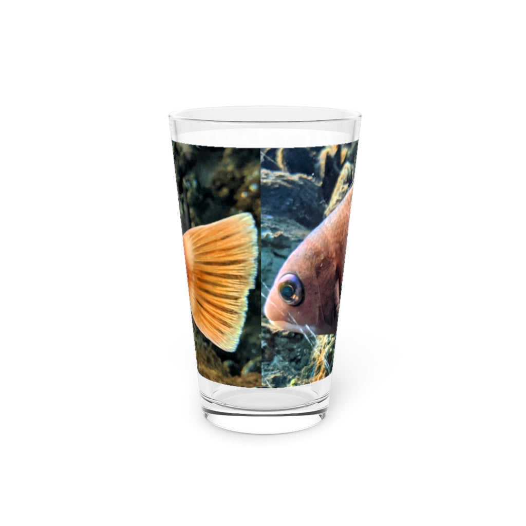 Orange Fish Pint Glass, 16oz, clear glass with custom printed design, perfect for beverages.