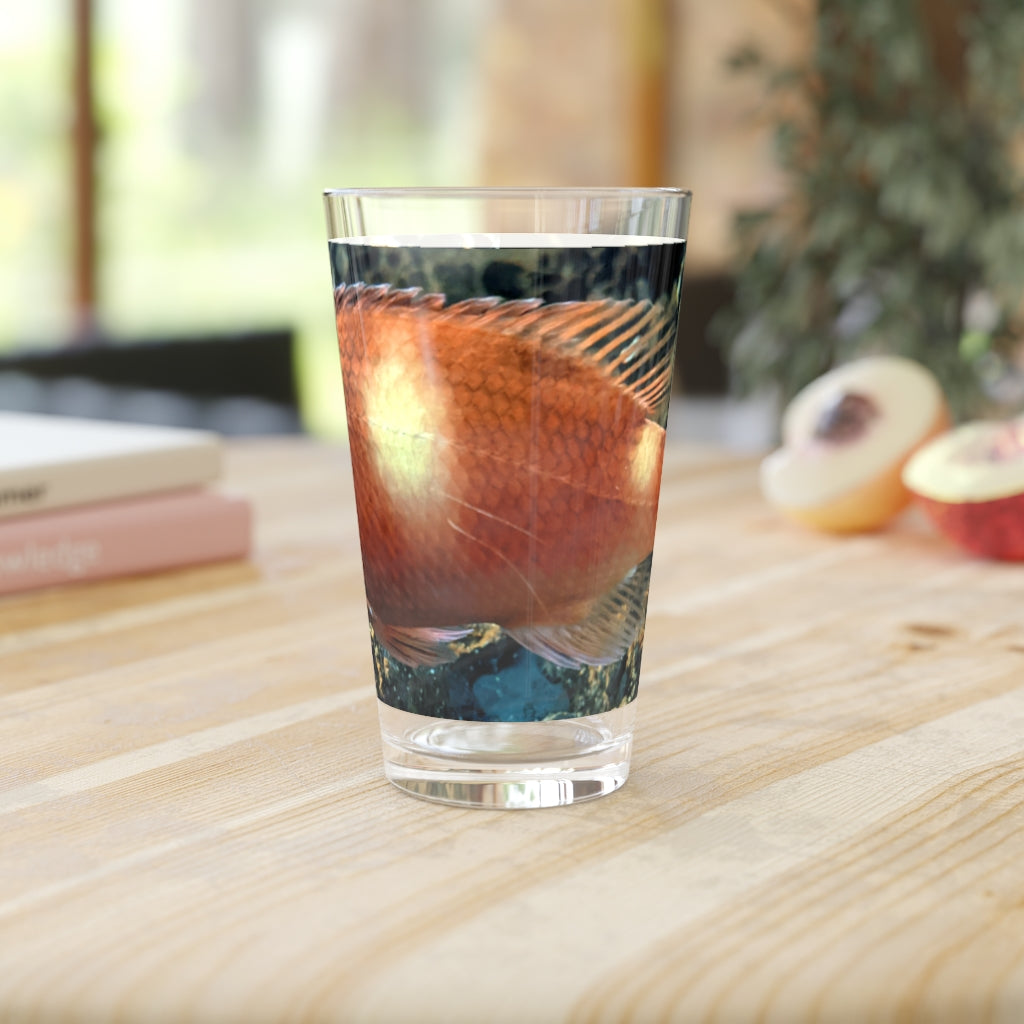 Orange Fish Pint Glass, 16oz, clear glass with custom printed design, perfect for beverages.