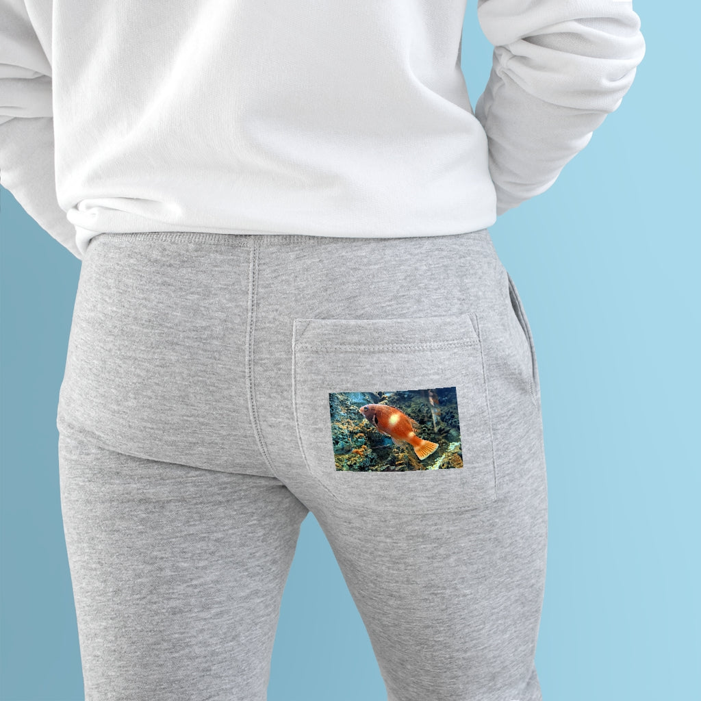 Orange Fish Premium Fleece Joggers featuring customizable back pocket and two side pockets, made from soft fleece fabric.