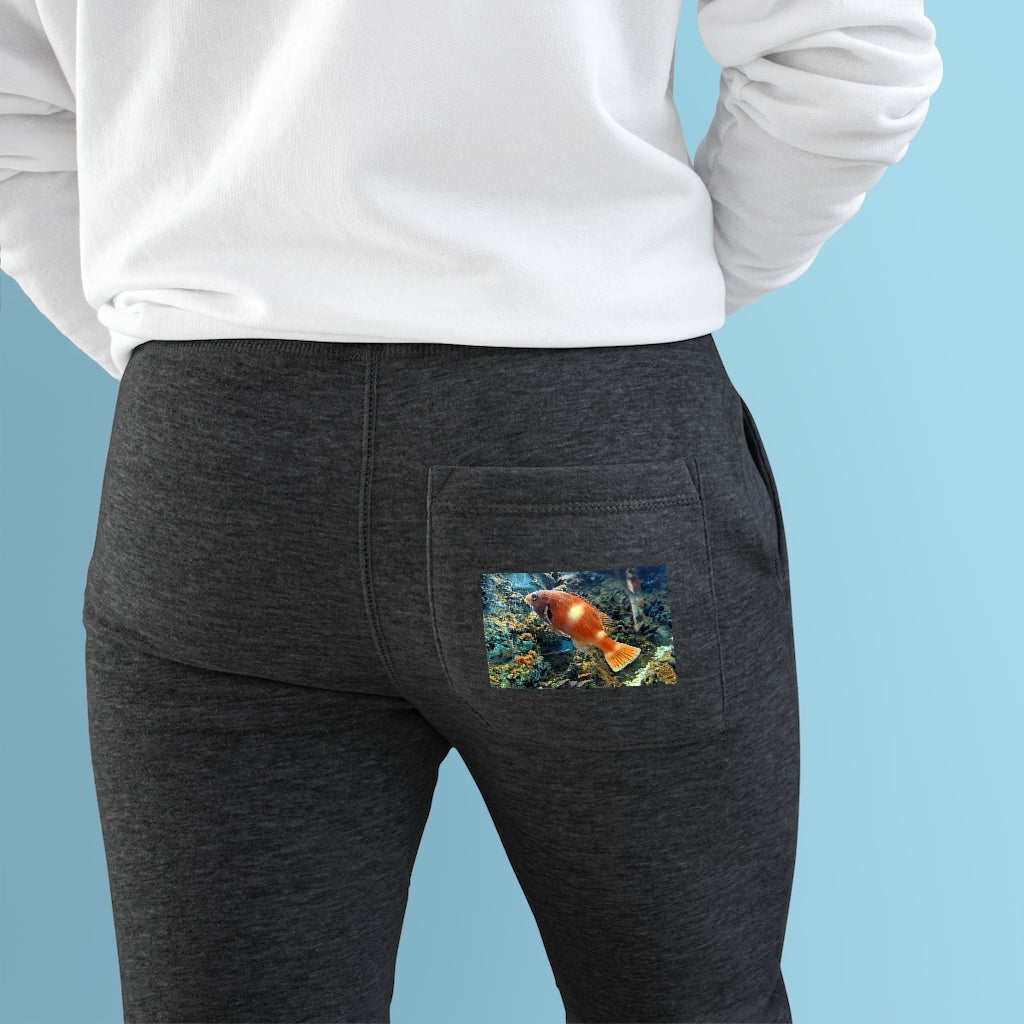 Orange Fish Premium Fleece Joggers featuring customizable back pocket and two side pockets, made from soft fleece fabric.