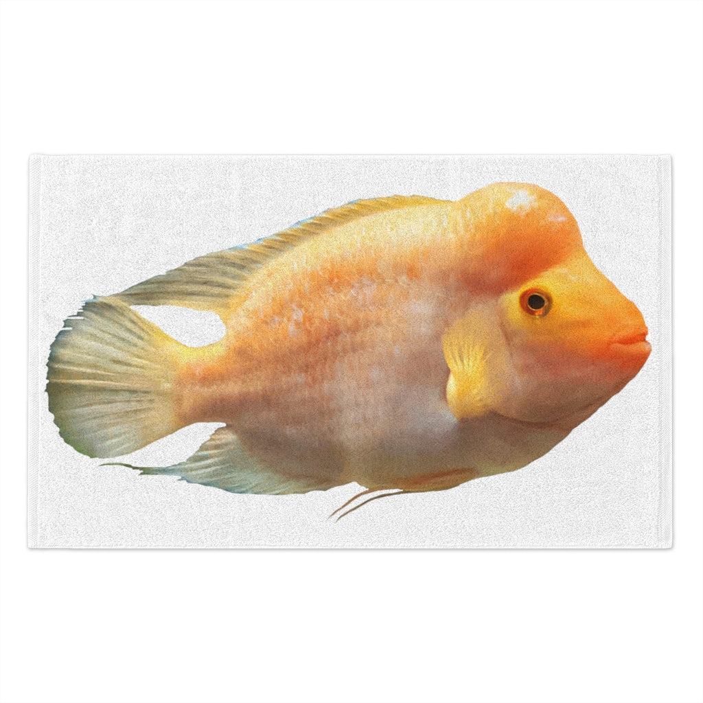 Orange Fish Rally Towel measuring 11x18 inches, featuring a soft polyester front and absorbent cotton backing, ideal for personalization.