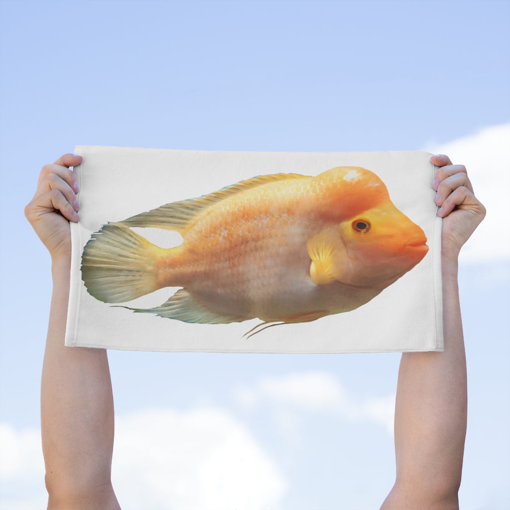 Orange Fish Rally Towel measuring 11x18 inches, featuring a soft polyester front and absorbent cotton backing, ideal for personalization.