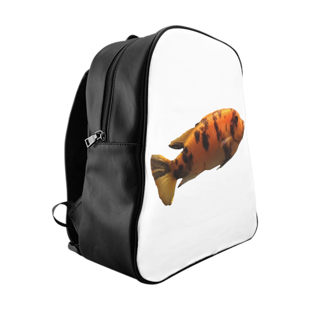 Orange Fish School Backpack with padded back and chocolate brown lining, featuring a vibrant fish design.