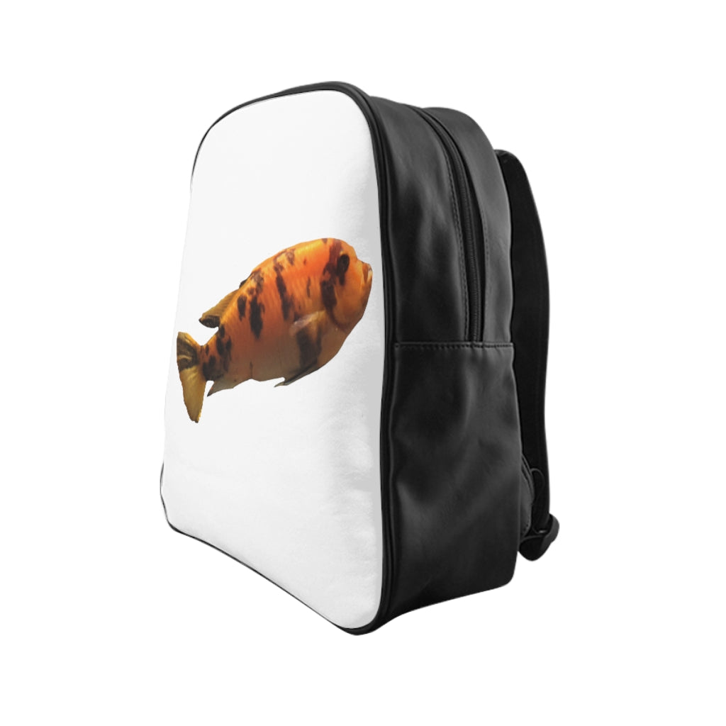 Orange Fish School Backpack with padded back and chocolate brown lining, featuring a vibrant fish design.