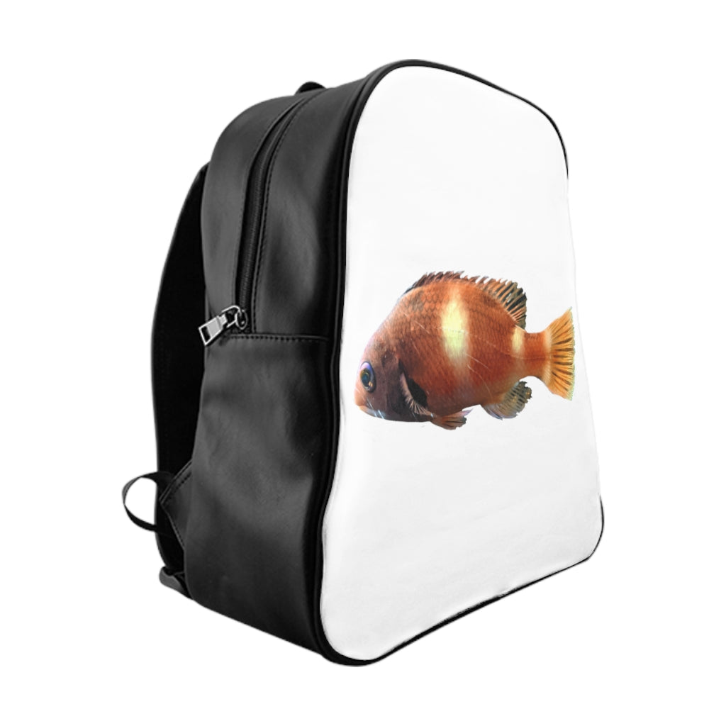 Orange Fish School Backpack featuring a vibrant fish print, padded back, and chocolate brown lining, perfect for school and everyday use.