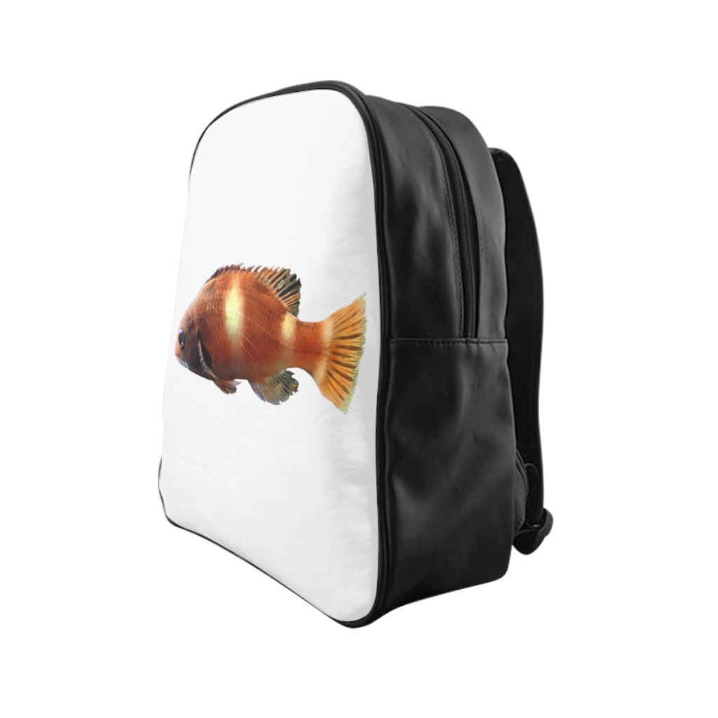 Orange Fish School Backpack featuring a vibrant fish print, padded back, and chocolate brown lining, perfect for school and everyday use.