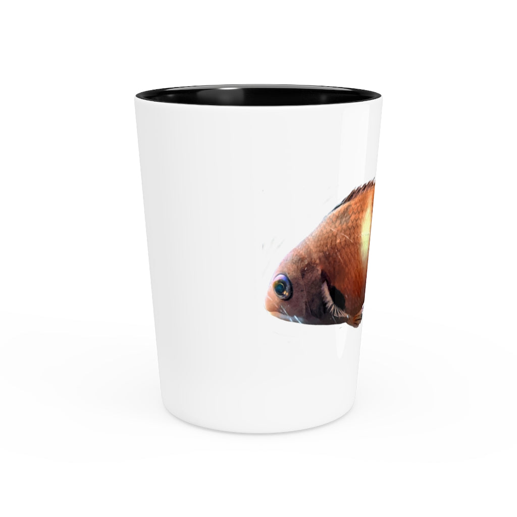 Orange Fish Shot Glass with white ceramic finish and customizable interior options, perfect for gatherings and personalized gifting.