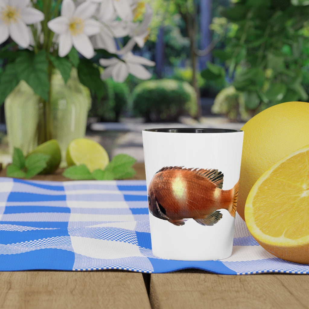 Orange Fish Shot Glass with white ceramic finish and customizable interior options, perfect for gatherings and personalized gifting.