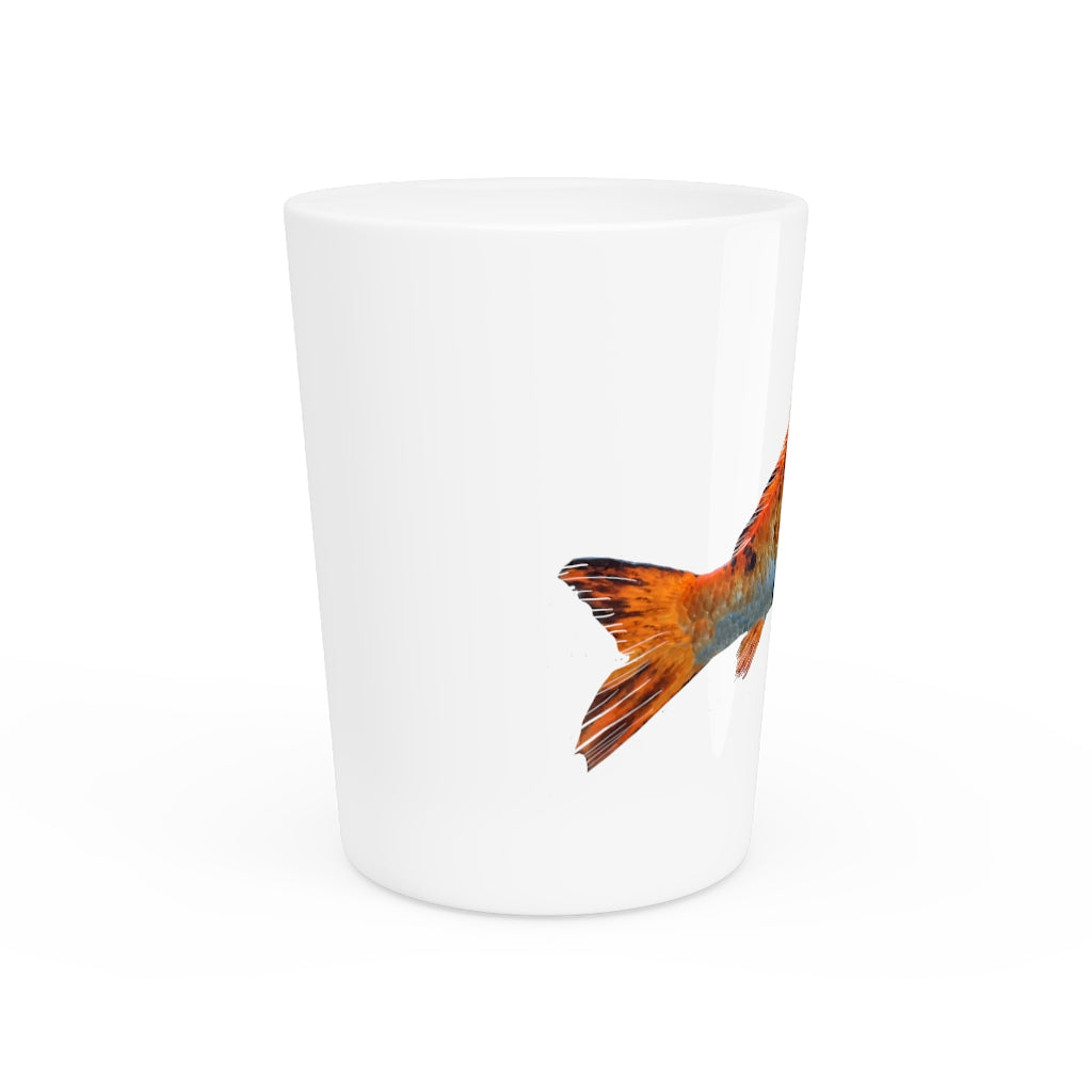 Orange Fish Shot Glass with white ceramic exterior and customizable interior options, perfect for gatherings and personalized gifting.