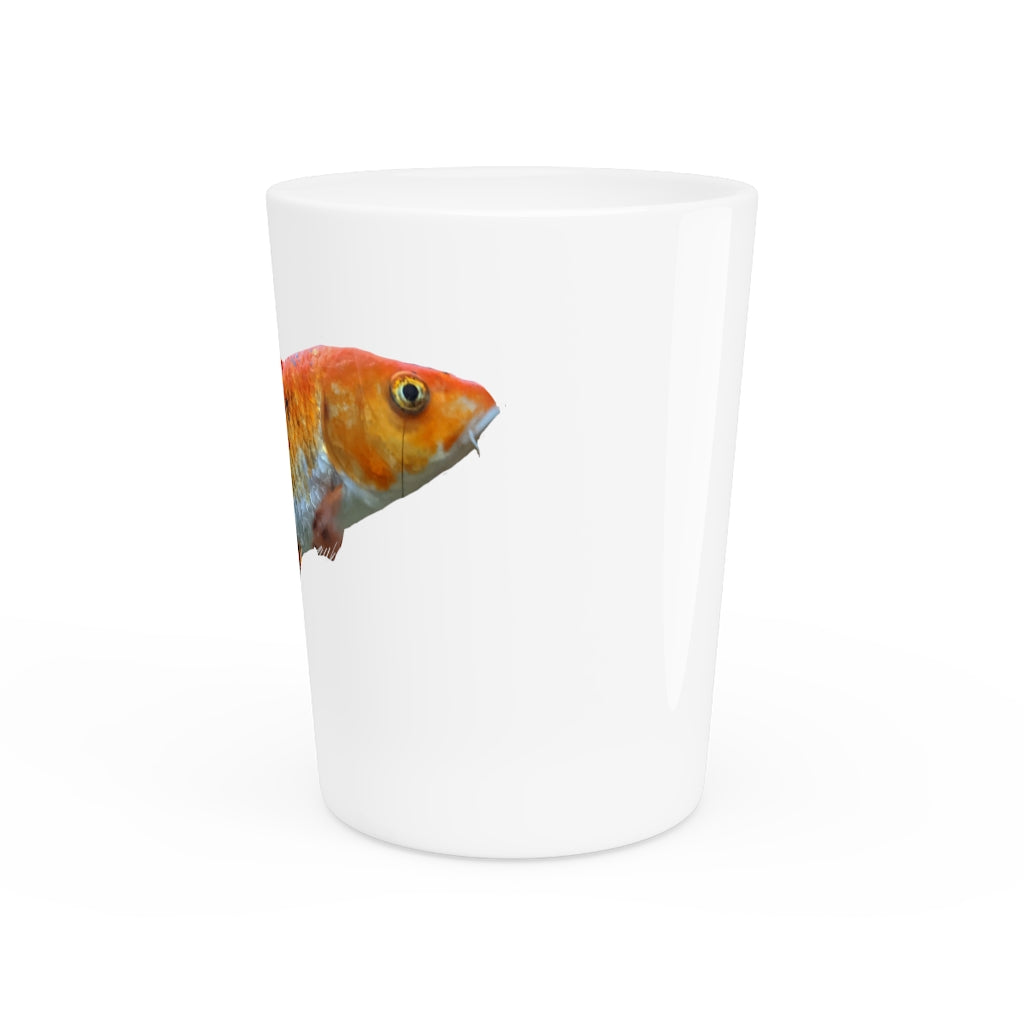 Orange Fish Shot Glass with white ceramic exterior and customizable interior options, perfect for gatherings and personalized gifting.