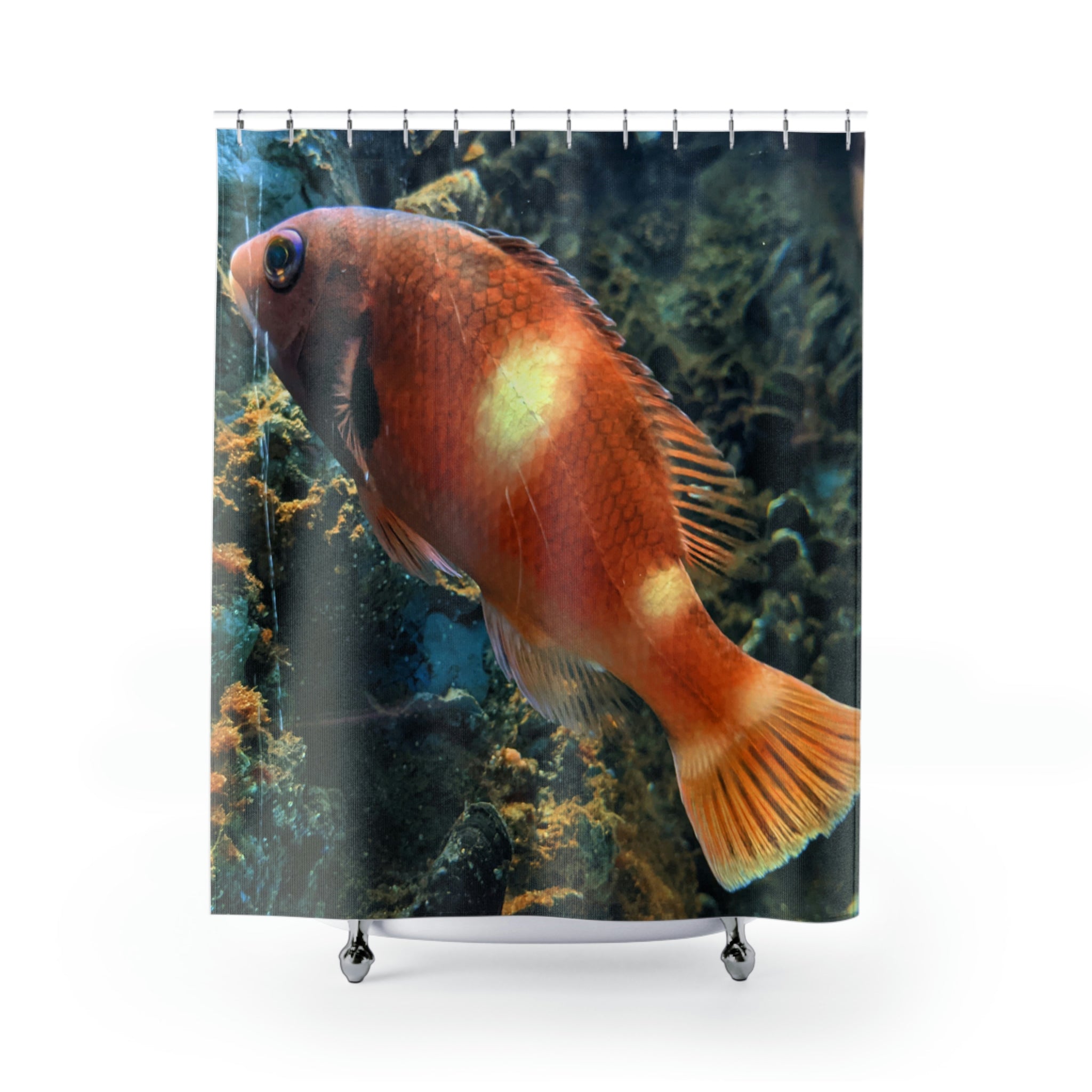 Vibrant orange fish shower curtain hanging in a bathroom, showcasing colorful aquatic design.