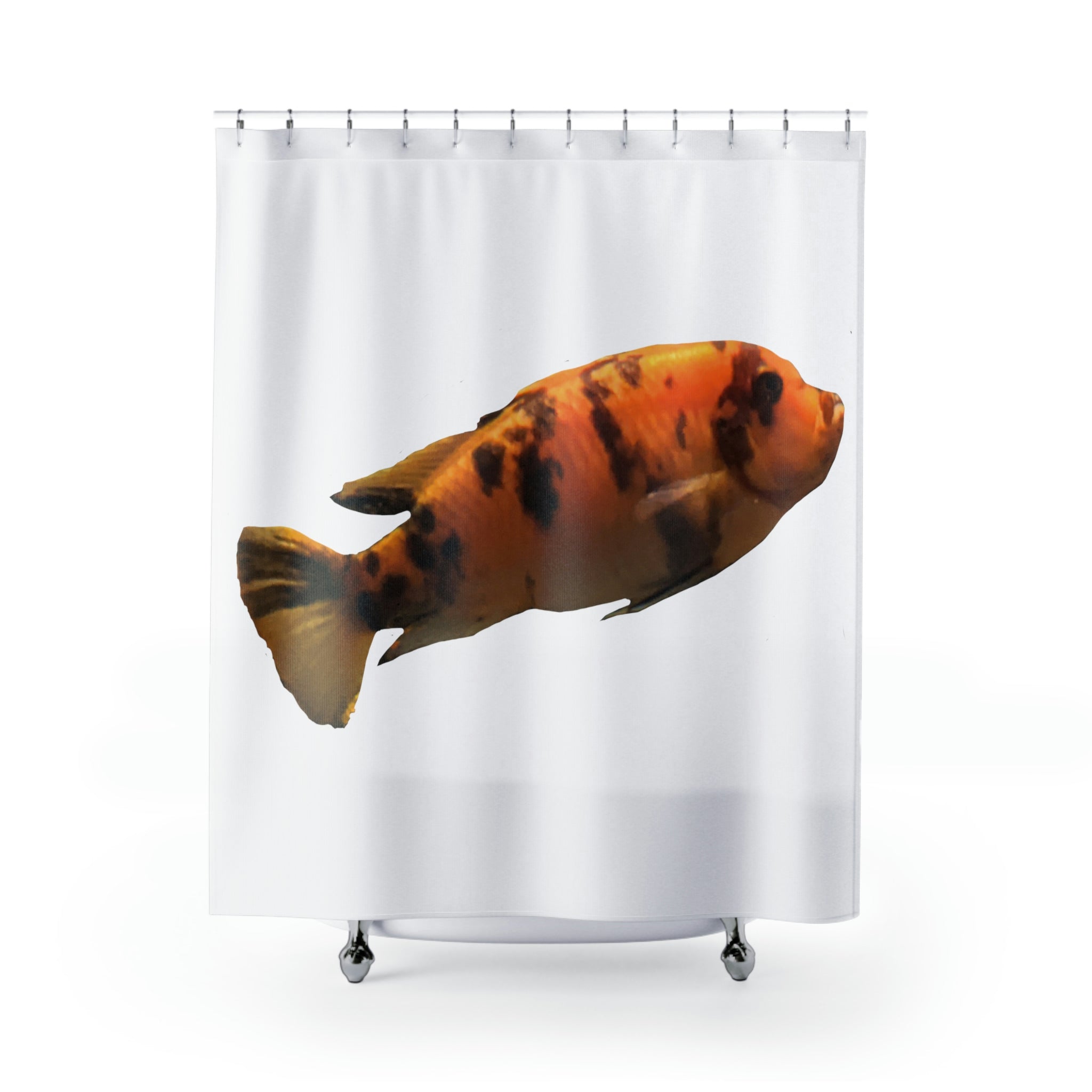 Vibrant orange fish shower curtain hanging in a bathroom, showcasing colorful marine life design.