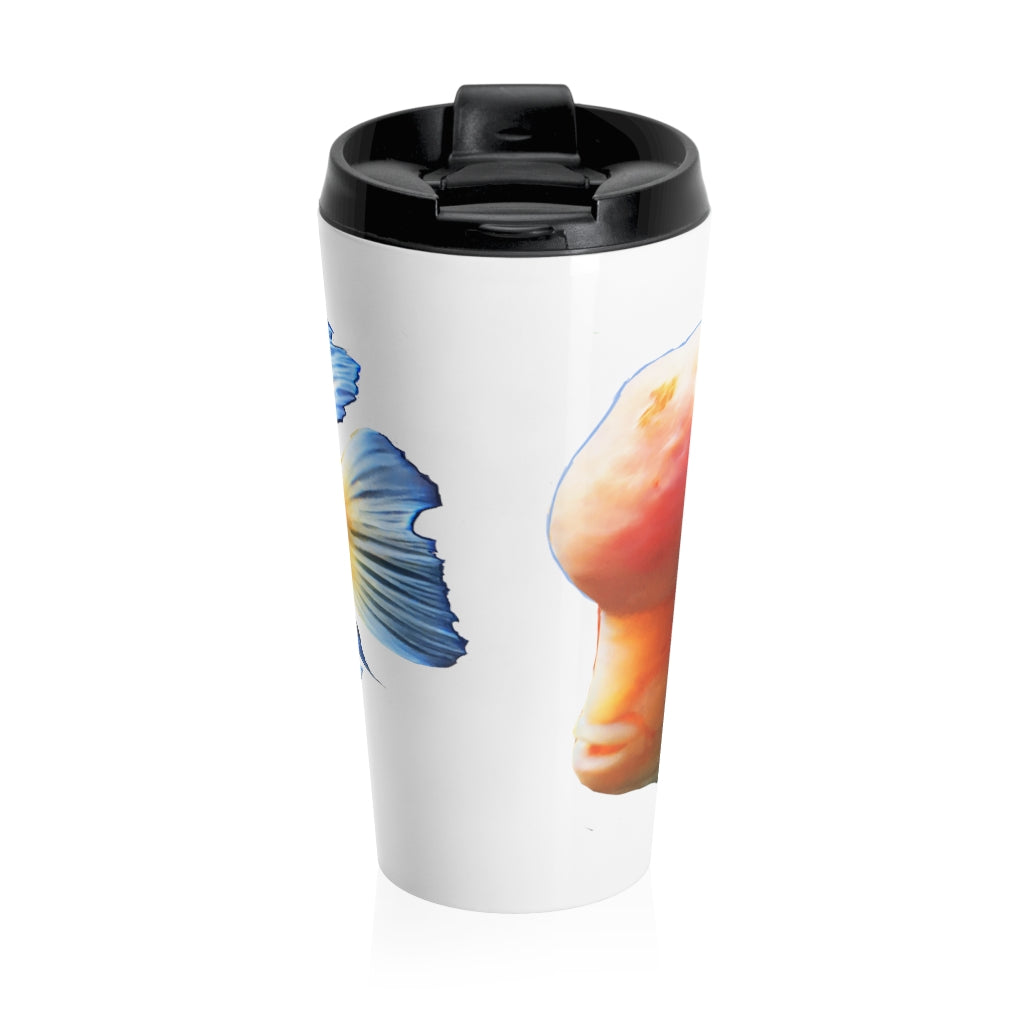 Orange Fish Stainless Steel Travel Mug with black lid, showcasing a vibrant fish design.