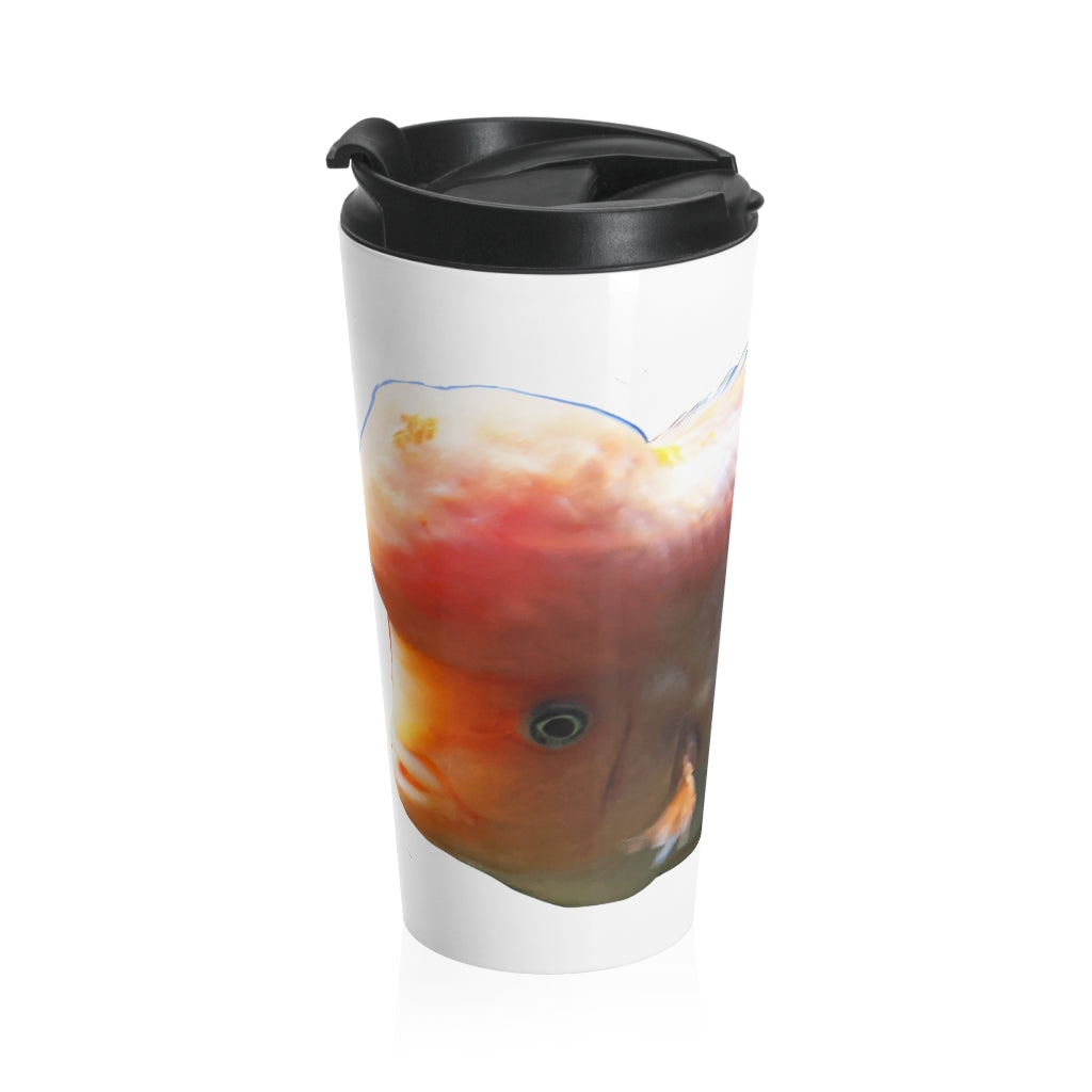 Orange Fish Stainless Steel Travel Mug with black lid, showcasing a vibrant fish design.