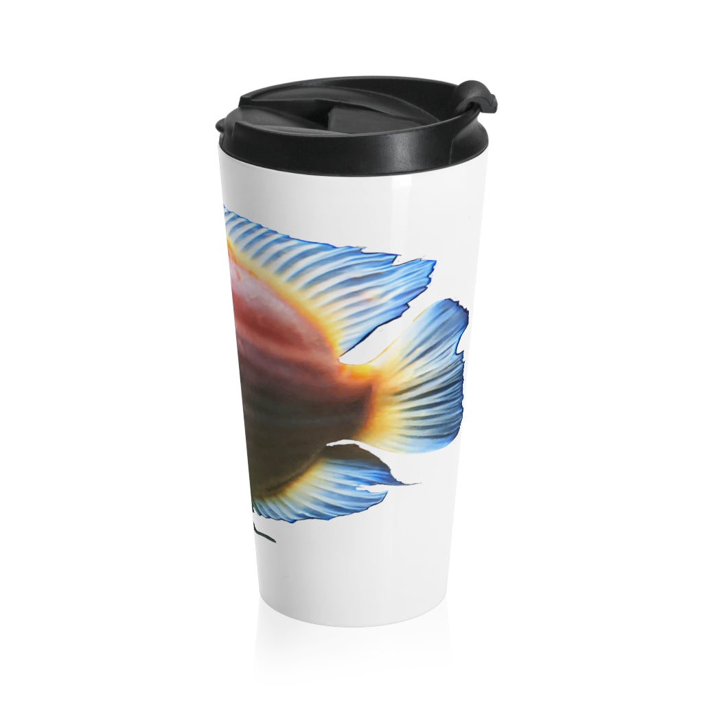 Orange Fish Stainless Steel Travel Mug with black lid, showcasing a vibrant fish design.