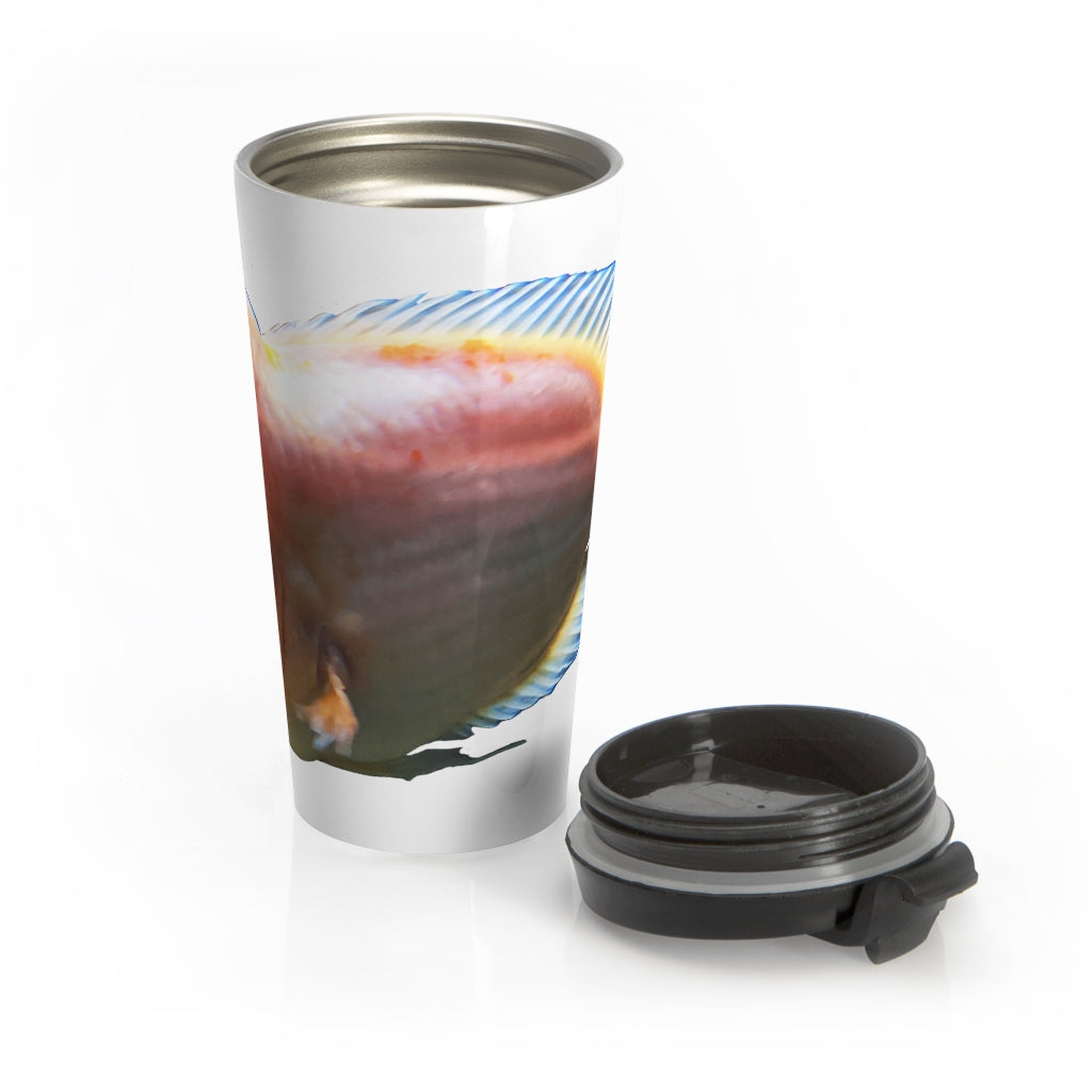 Orange Fish Stainless Steel Travel Mug with black lid, showcasing a vibrant fish design.