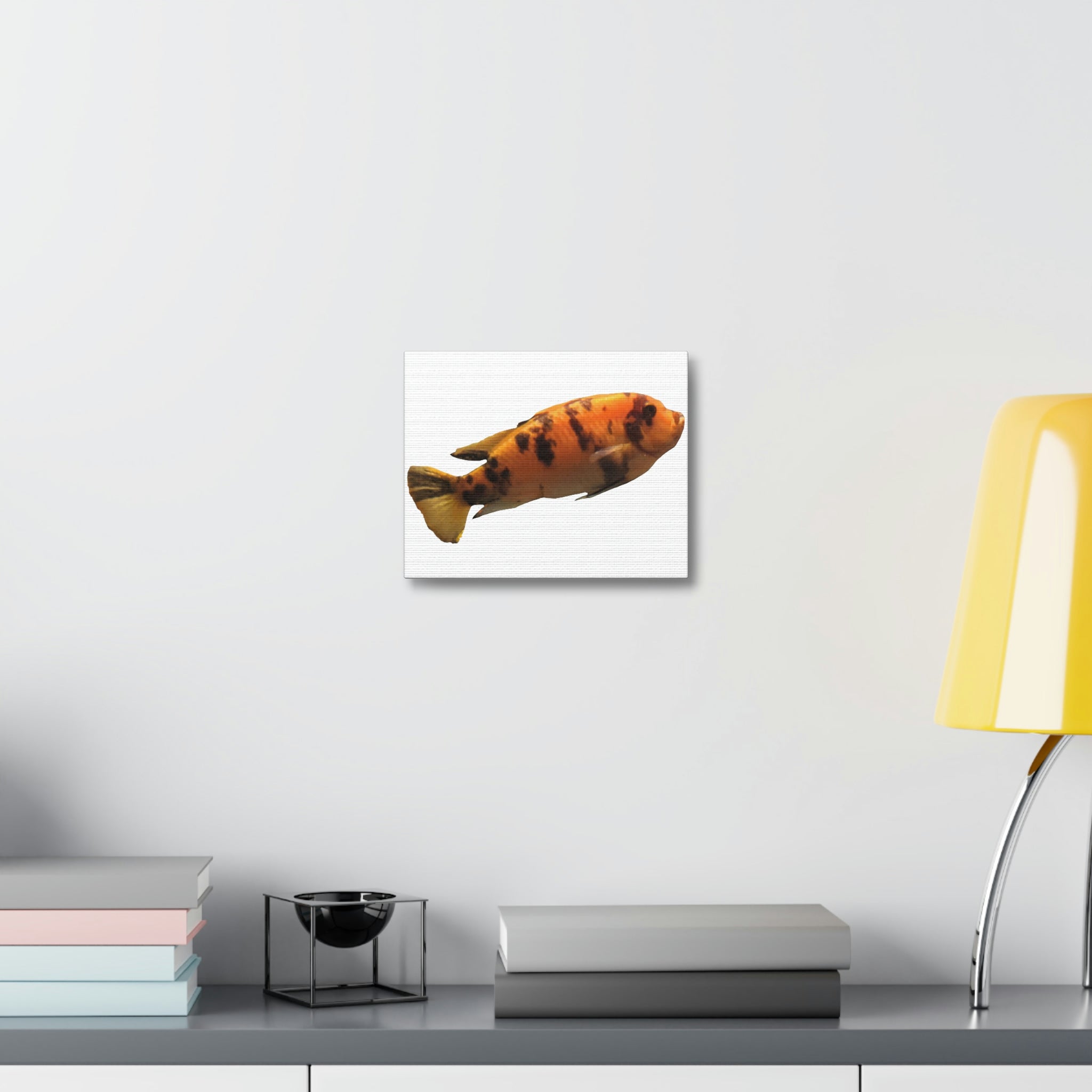 A vibrant orange fish printed on a premium stretched canvas, framed with sturdy wood, perfect for indoor decoration.