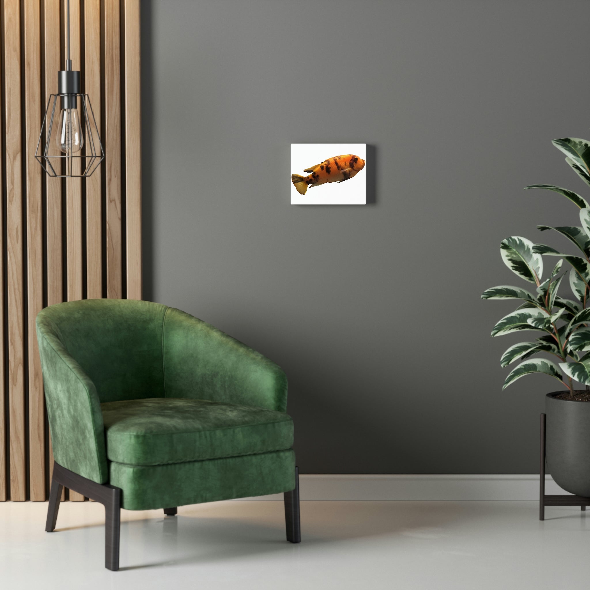 A vibrant orange fish printed on a premium stretched canvas, framed with sturdy wood, perfect for indoor decoration.