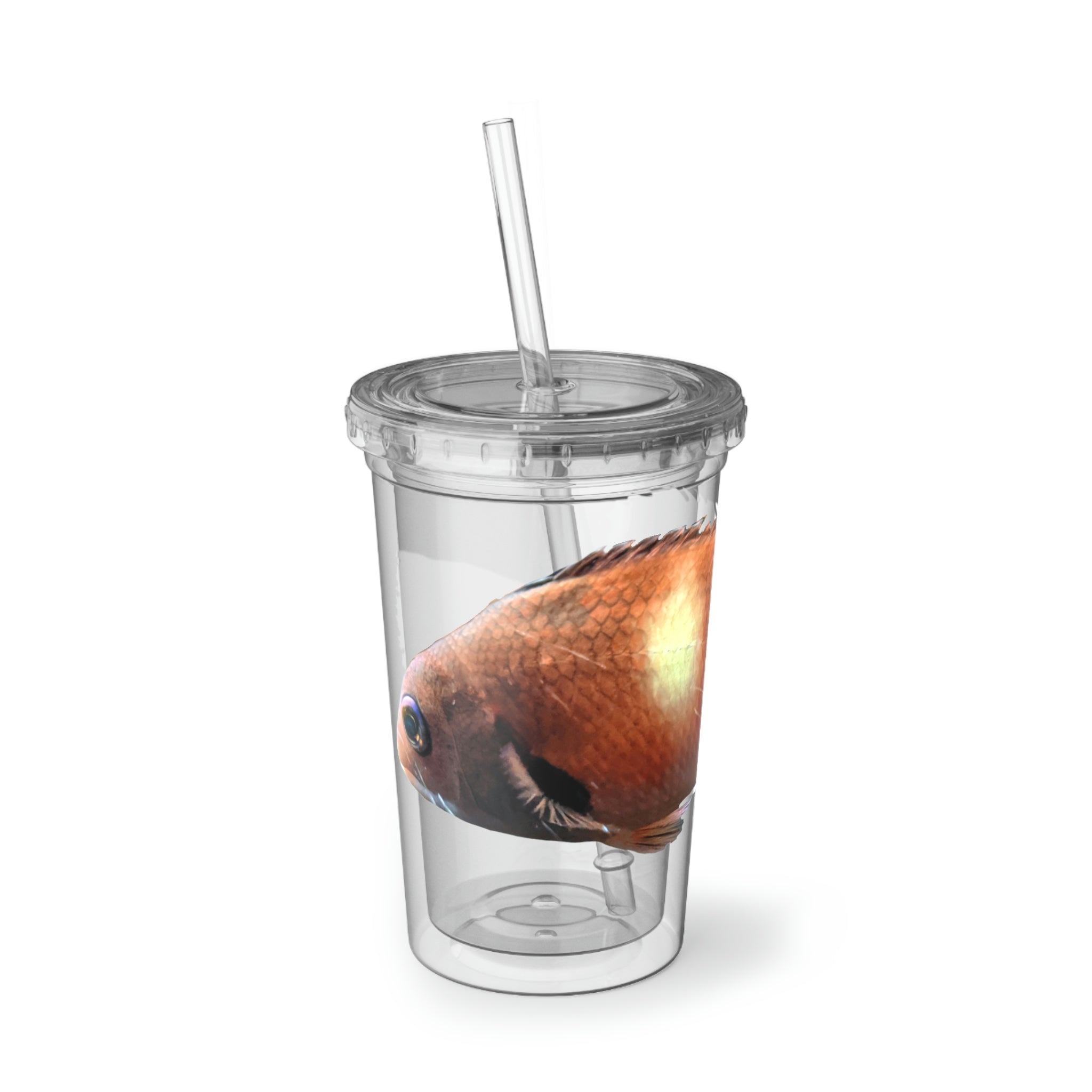 Orange Fish Suave Acrylic Cup with double-wall insulation, featuring a vibrant design and a plastic lid with a straw.