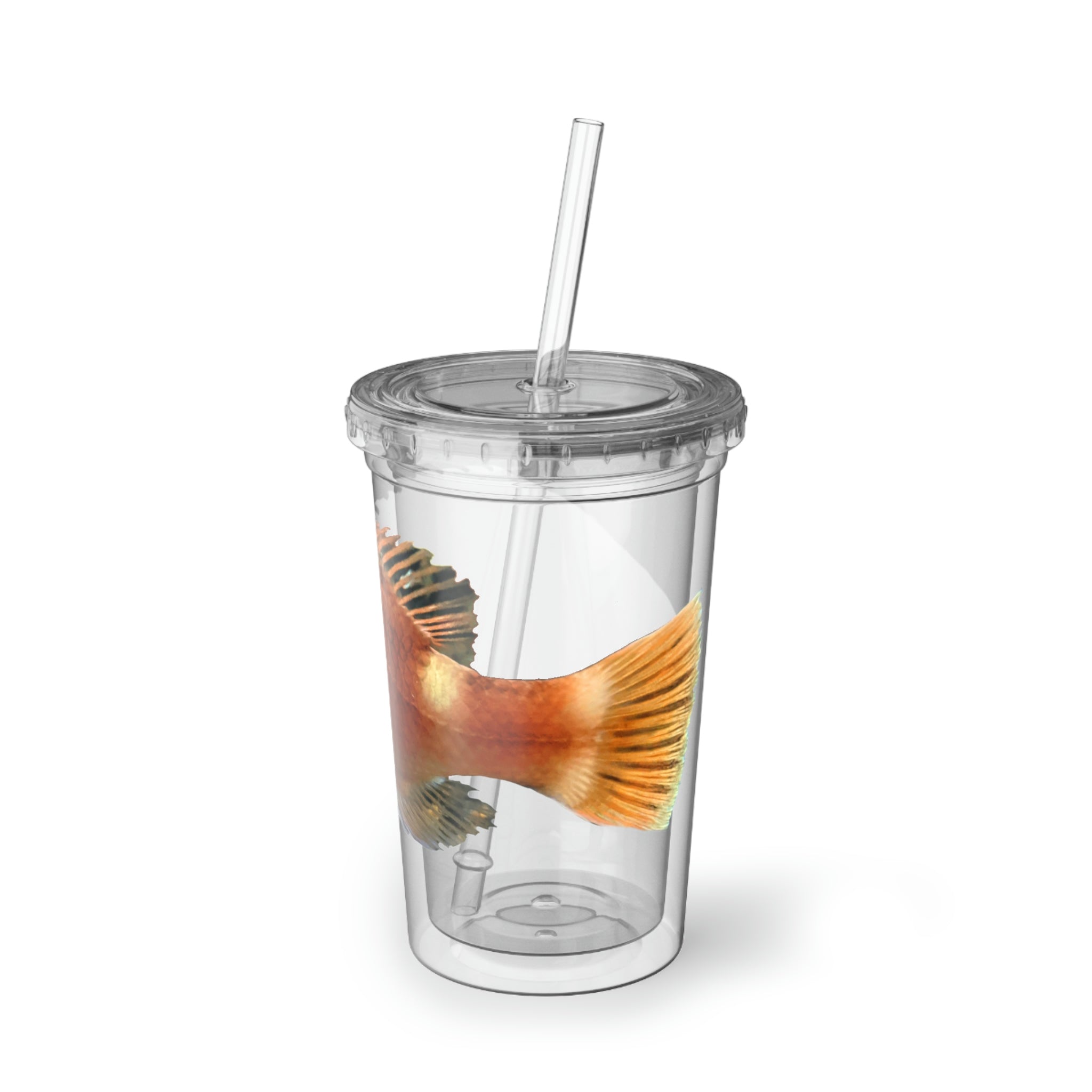 Orange Fish Suave Acrylic Cup with double-wall insulation, featuring a vibrant design and a plastic lid with a straw.