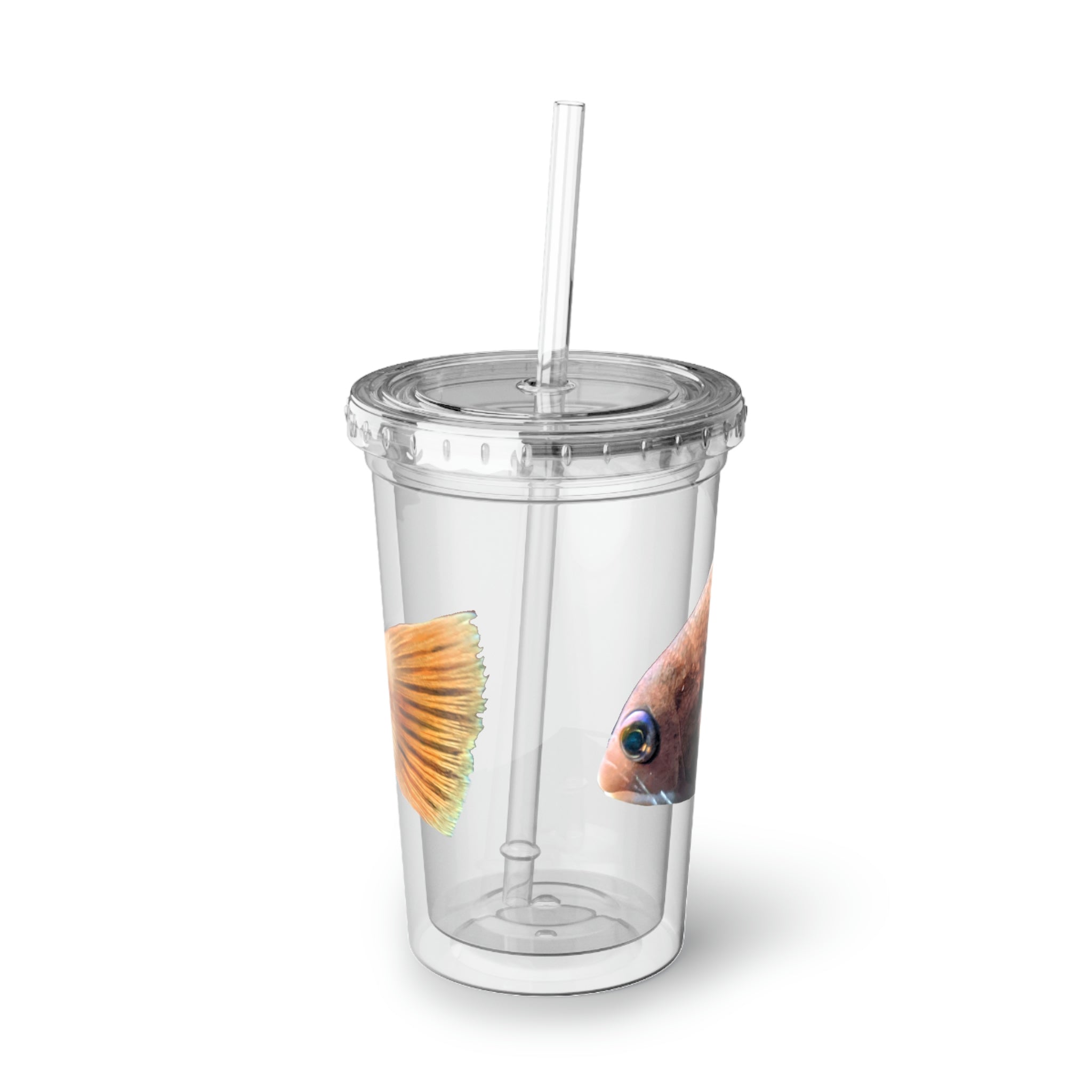 Orange Fish Suave Acrylic Cup with double-wall insulation, featuring a vibrant design and a plastic lid with a straw.