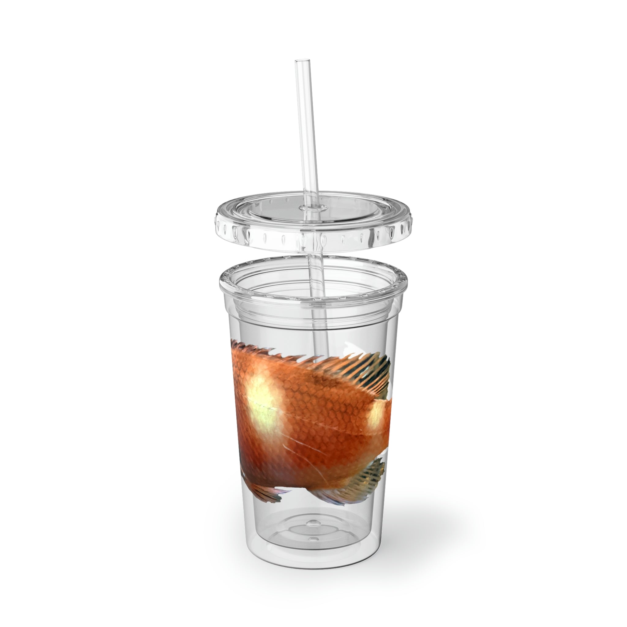 Orange Fish Suave Acrylic Cup with double-wall insulation, featuring a vibrant design and a plastic lid with a straw.