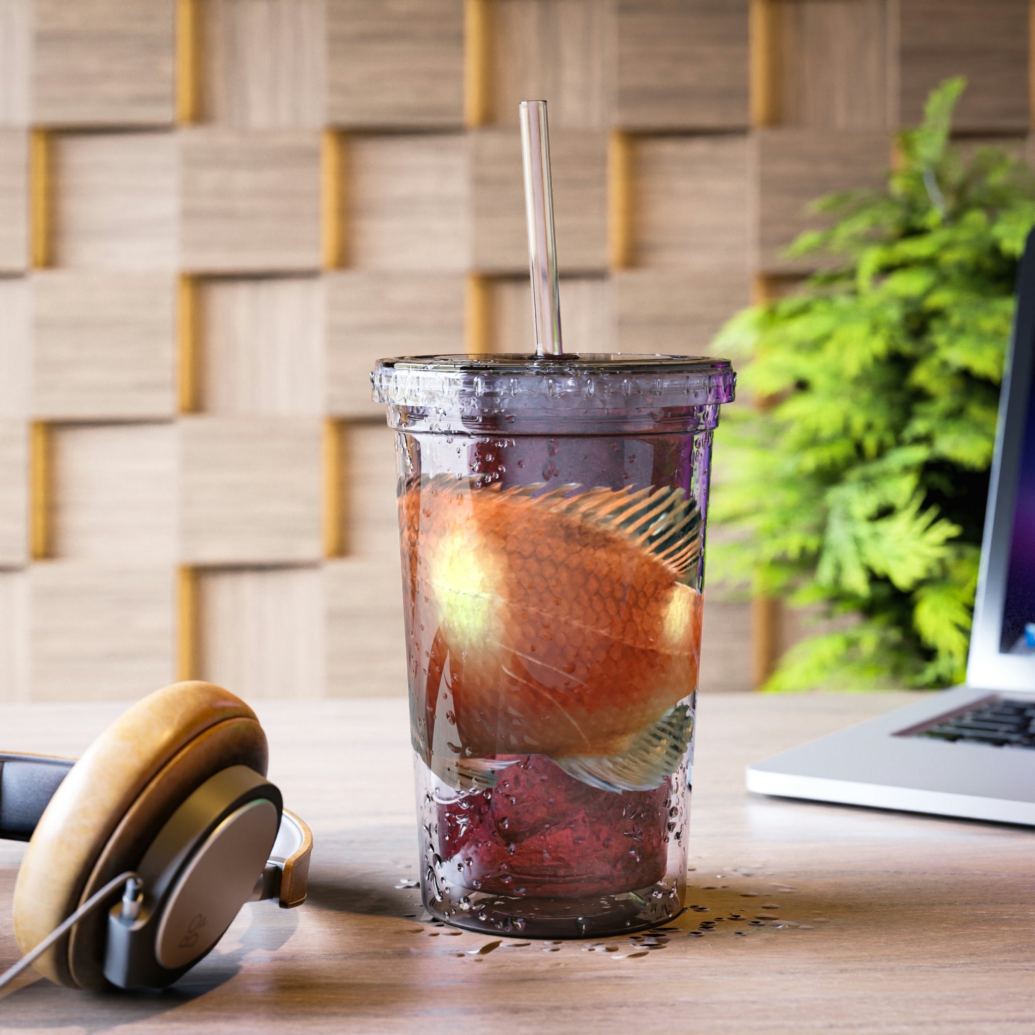 Orange Fish Suave Acrylic Cup with double-wall insulation, featuring a vibrant design and a plastic lid with a straw.