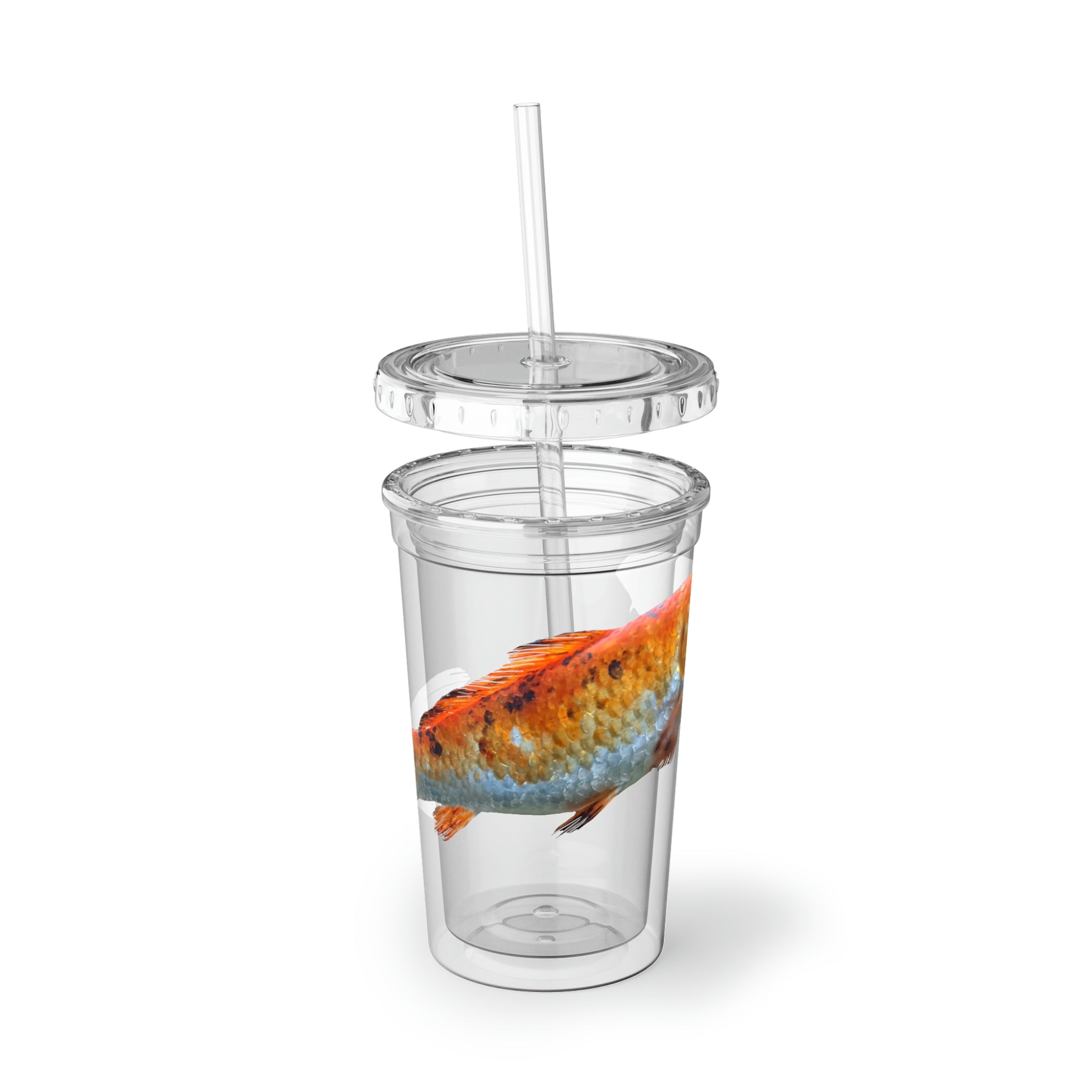 Orange Fish Suave Acrylic Cup with double-wall insulation and vibrant design, perfect for hot and cold beverages.