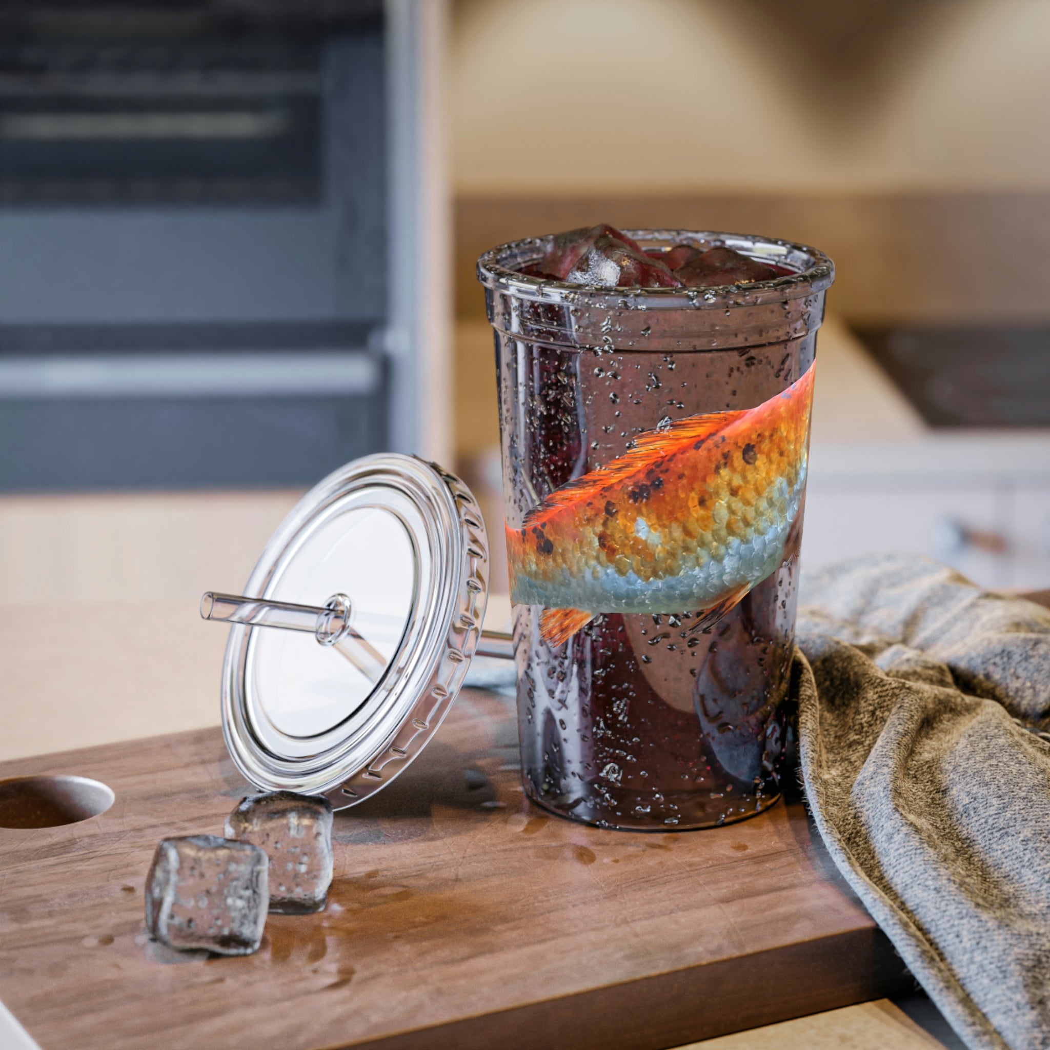 Orange Fish Suave Acrylic Cup with double-wall insulation and vibrant design, perfect for hot and cold beverages.